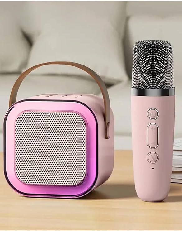 Mini Kablosuz Bluetooth Karaoke Hoparlör Kareoke Makinesi Çocuklar İçin Evde Karaoke Seti (Pembe)