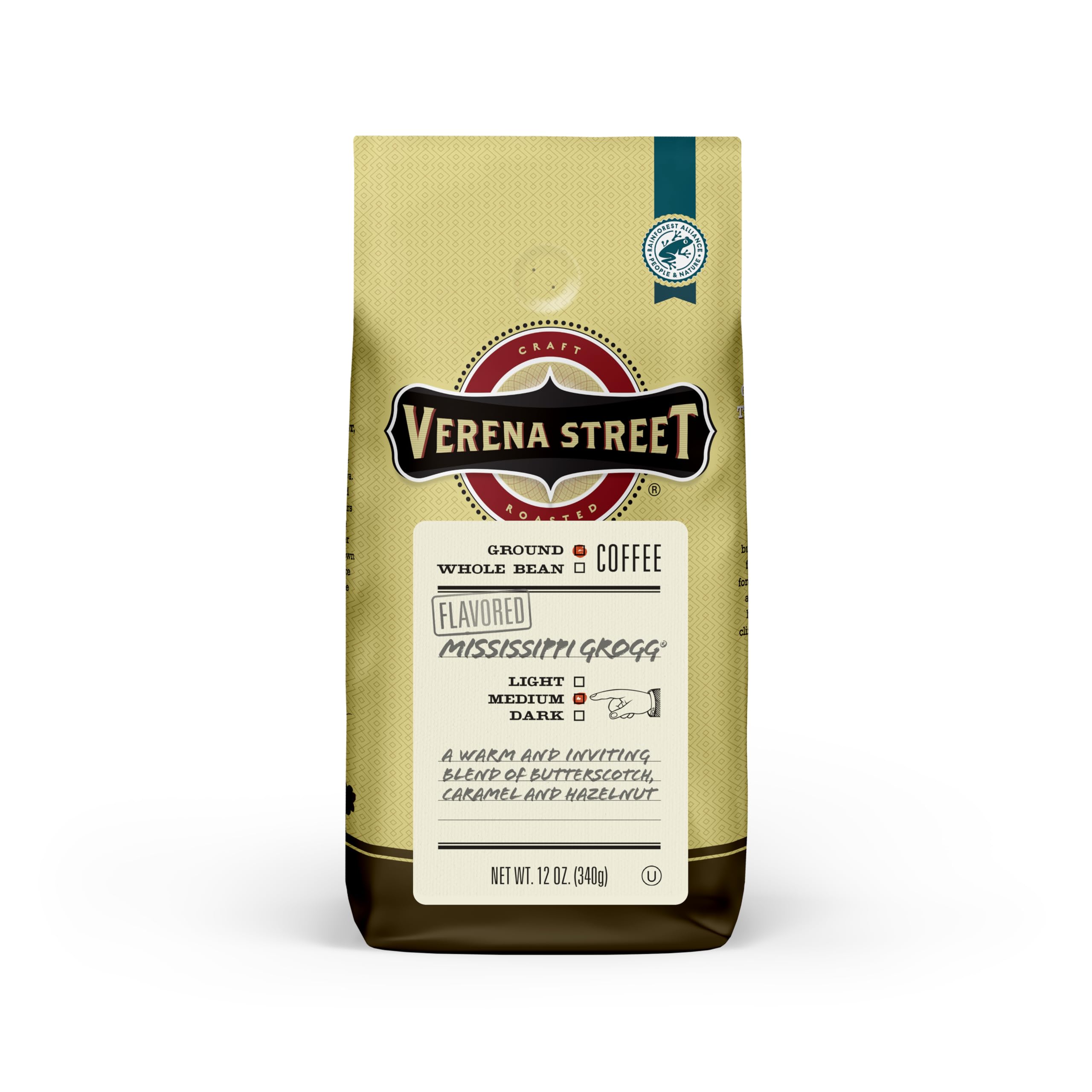 Verena Street 12 Ounce Flavored Ground Coffee, Mississippi Grogg, Medium Roast, Rainforest Alliance Certified Arabica Coffee