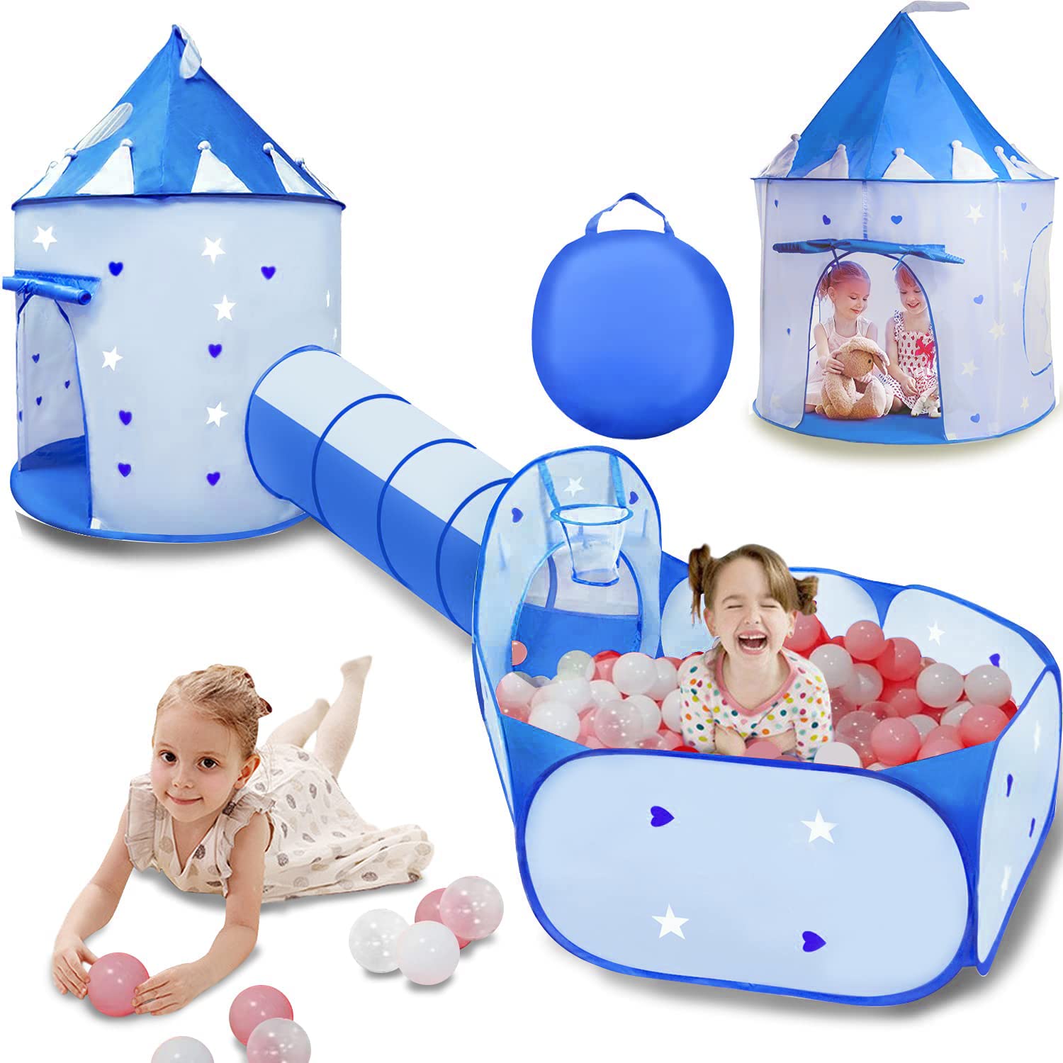 VOJUEAR 3pc Kids Play Tent for Girls with Ball Pit, Crawl Tunnel, Princess Tents for Toddlers, Gift for Girls Indoor & Outdoor Play (Blue)