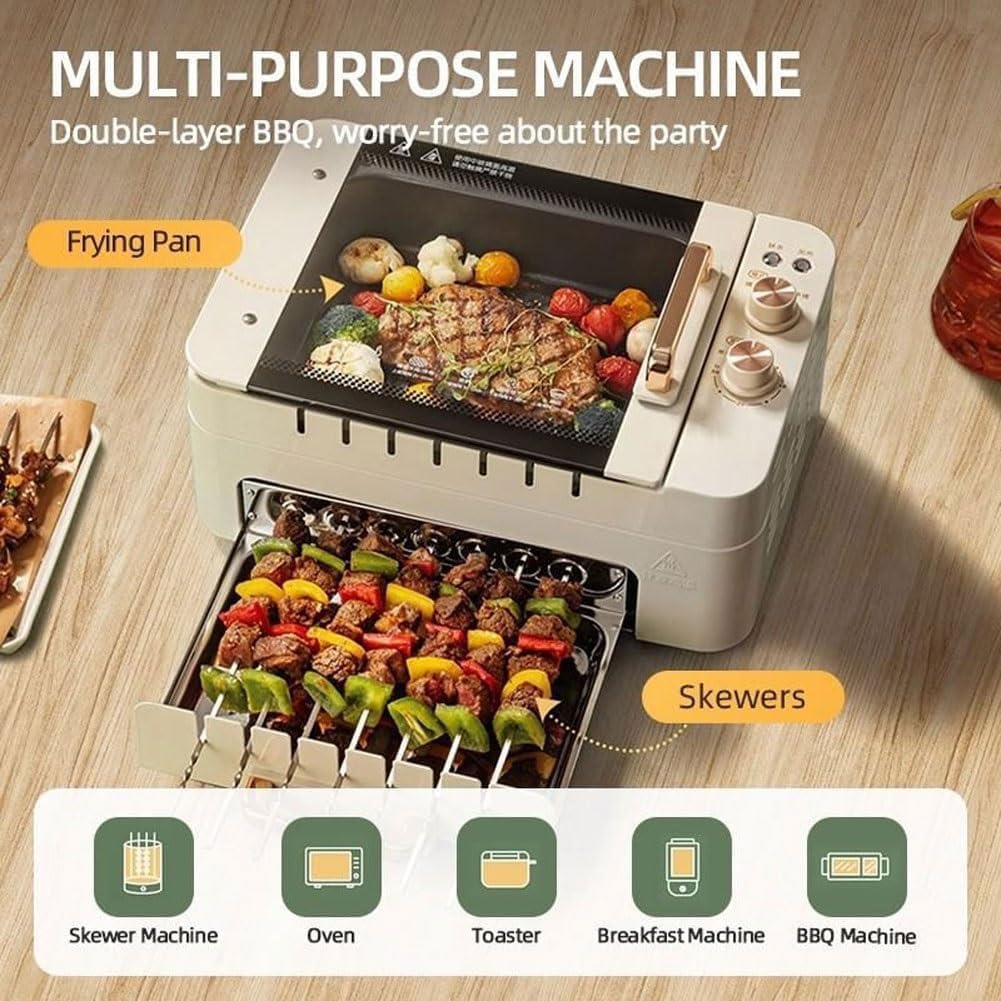 JOSBY Macchina per Kebab da 1000 W, Macchina per Spiedini Senza Fumo Antiaderente a Doppio Strato per Uso Domestico, Griglia per Barbecue Elettrica con Rotazione Automatica a 360°, Design Staccabile