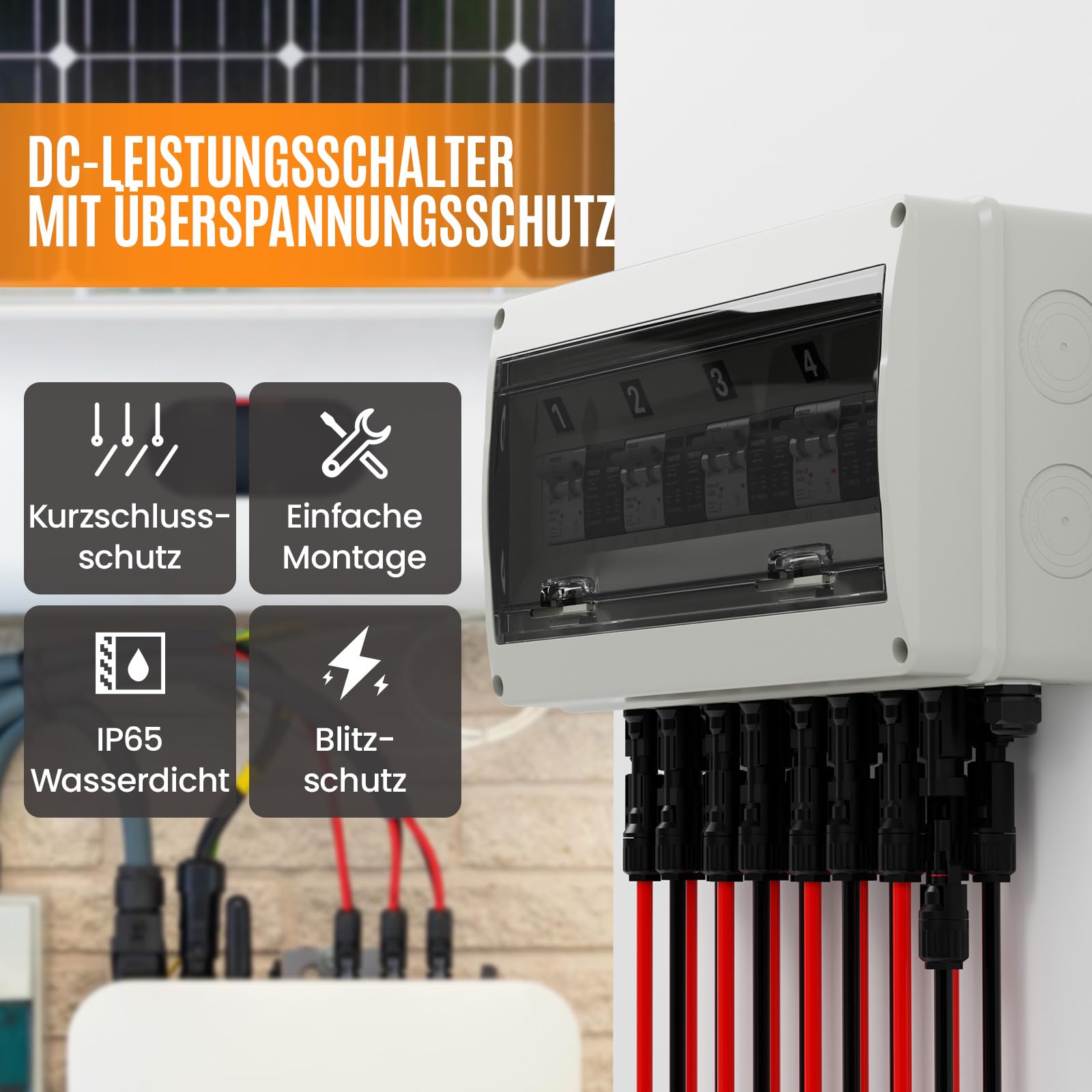 Überspannungsschutz PV DC1000V 4 String Solar Anschlusskasten, DC Trennschalter mit Blitzschutz & Leitungsschutzschalter 40A, IP65 Wasserdicht UV-Beständiger PV Combiner Box（4 in 4 out）