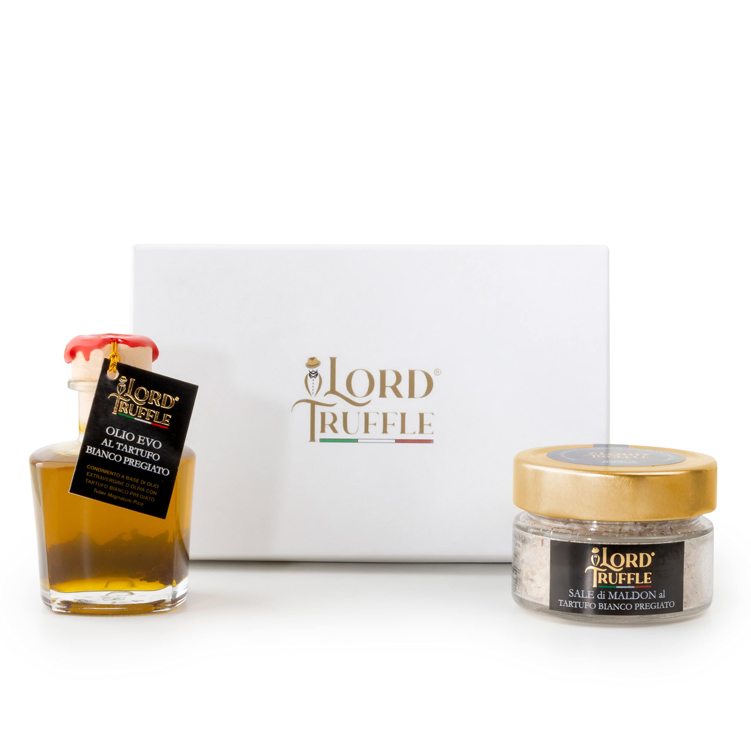 Lord Truffle | Set Regalo Lusso: 1 Olio EVO Italiano al Tartufo Bianco Pregiato 100ml e 60 g di Fiocchi di Sale Maldon con Tartufo Bianco Italiano Pregiato, Qualità 100% Italiana