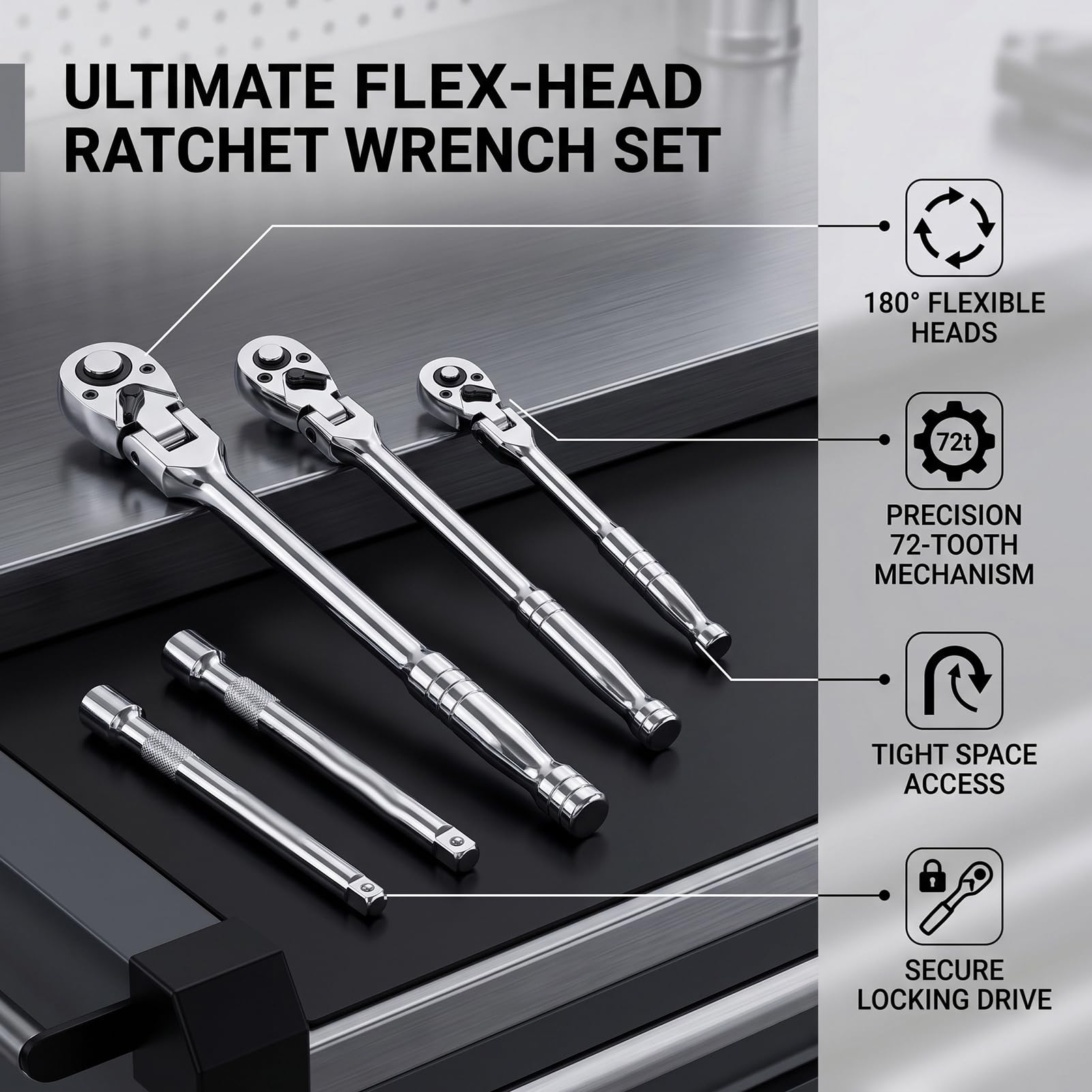 GOWENIC Jeu de Clés à Cliquet à Tête Flexible, Rotation Durable à 180 Degrés pour la Réparation Automobile avec 3 Barres D'extension