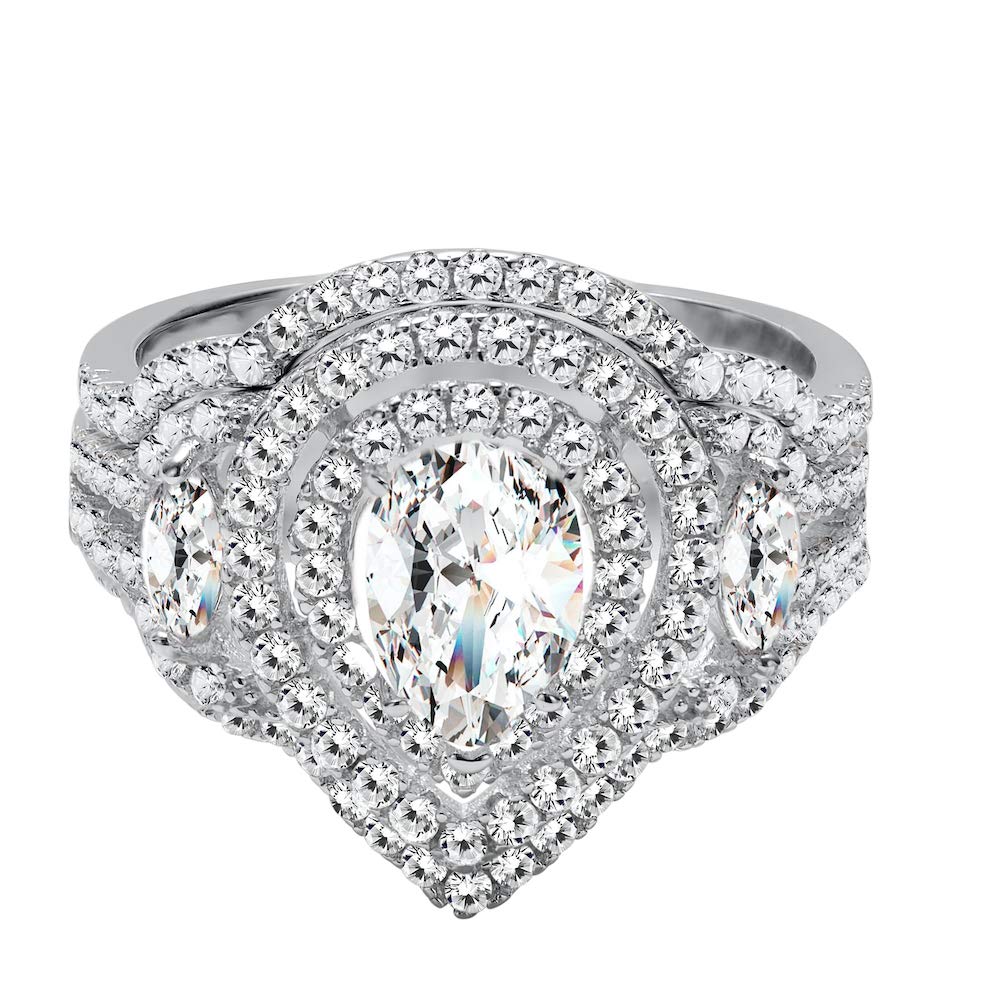 TwoBirchSterling Silver Cubic Zirconia Dainty Two Piece Pear and Marquise Two Piece Pear Shaped Halo Engagement Ring CZ Trio Ring Stackable Bridal Set
