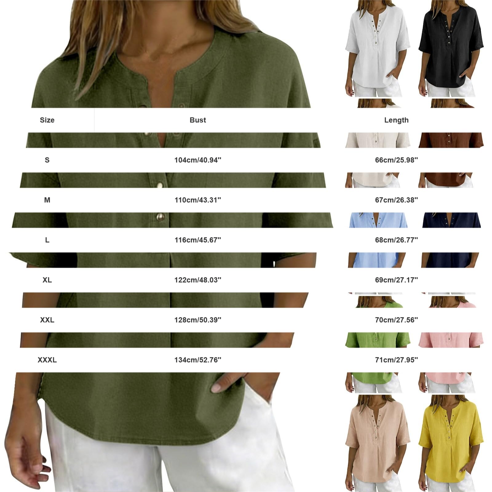 Blusa informal para mujer, mezcla de algodón y lino, manga corta, cuello en V, botones y ajuste holgado, top de verano para mujer