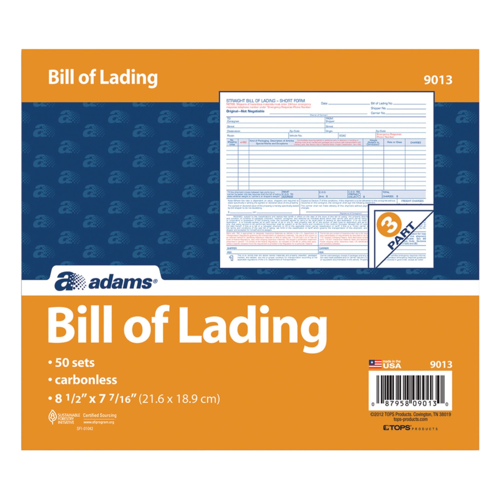 Adams Bill of Lading Short Form, 8.5 X 7.5 Inches, 3-Part, 50-Forms, White (9013)