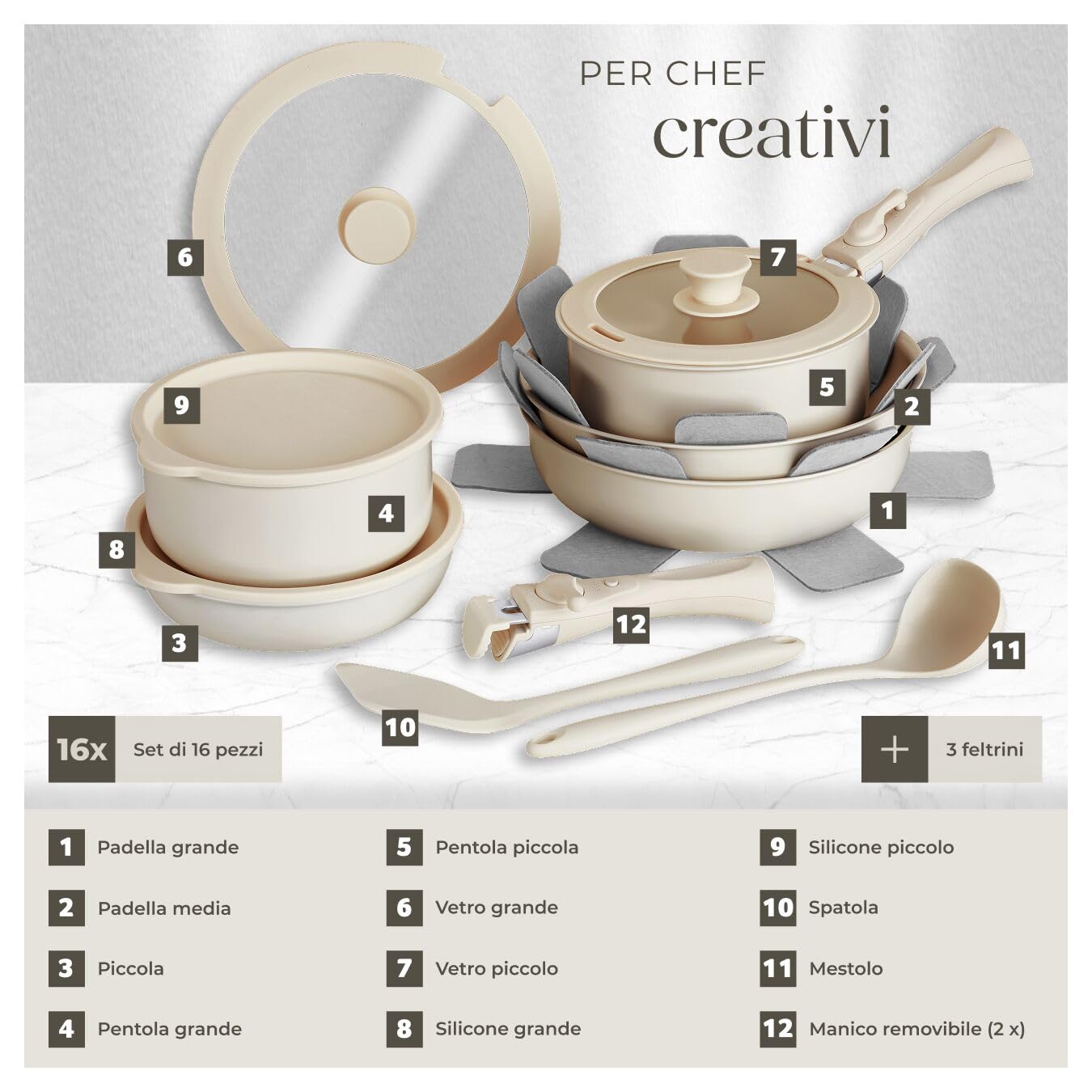 tectake®, Set di pentole 16 pezzi, set pentole induzione anche per piani a gas, elettrici, rivestimento antiaderente in ceramica, manici removibili - 2 Padelle, 2 Pentola, Pot, 4 Coperchi - Bianco