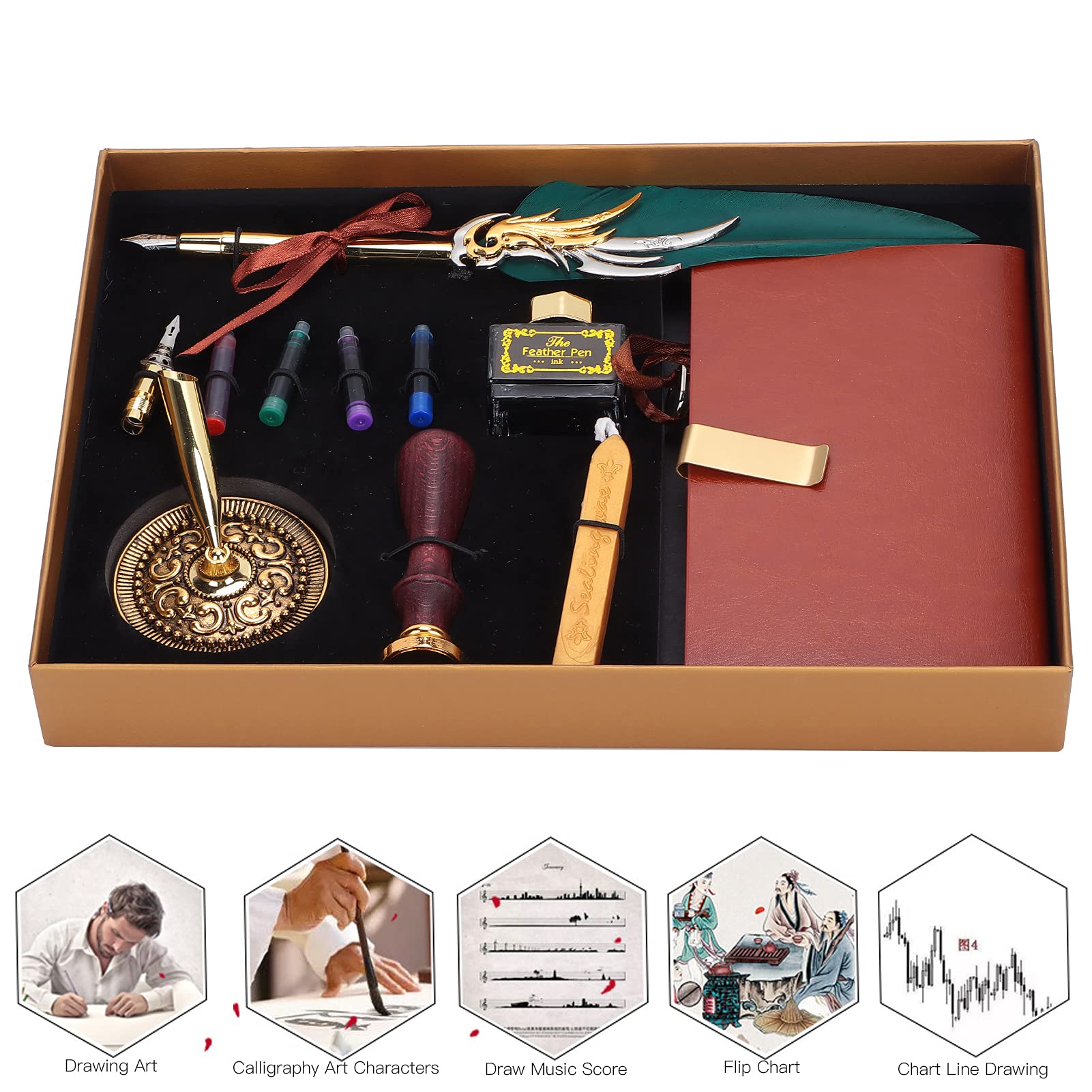 Dip Calligraphy Pen Set, Calligraphy Feather Pen Set avec outil de timbre de laquer, Calligraphie écrivant un stylo à encre, Pip Quill pour les débutants des artistes (SP139035 dark green)