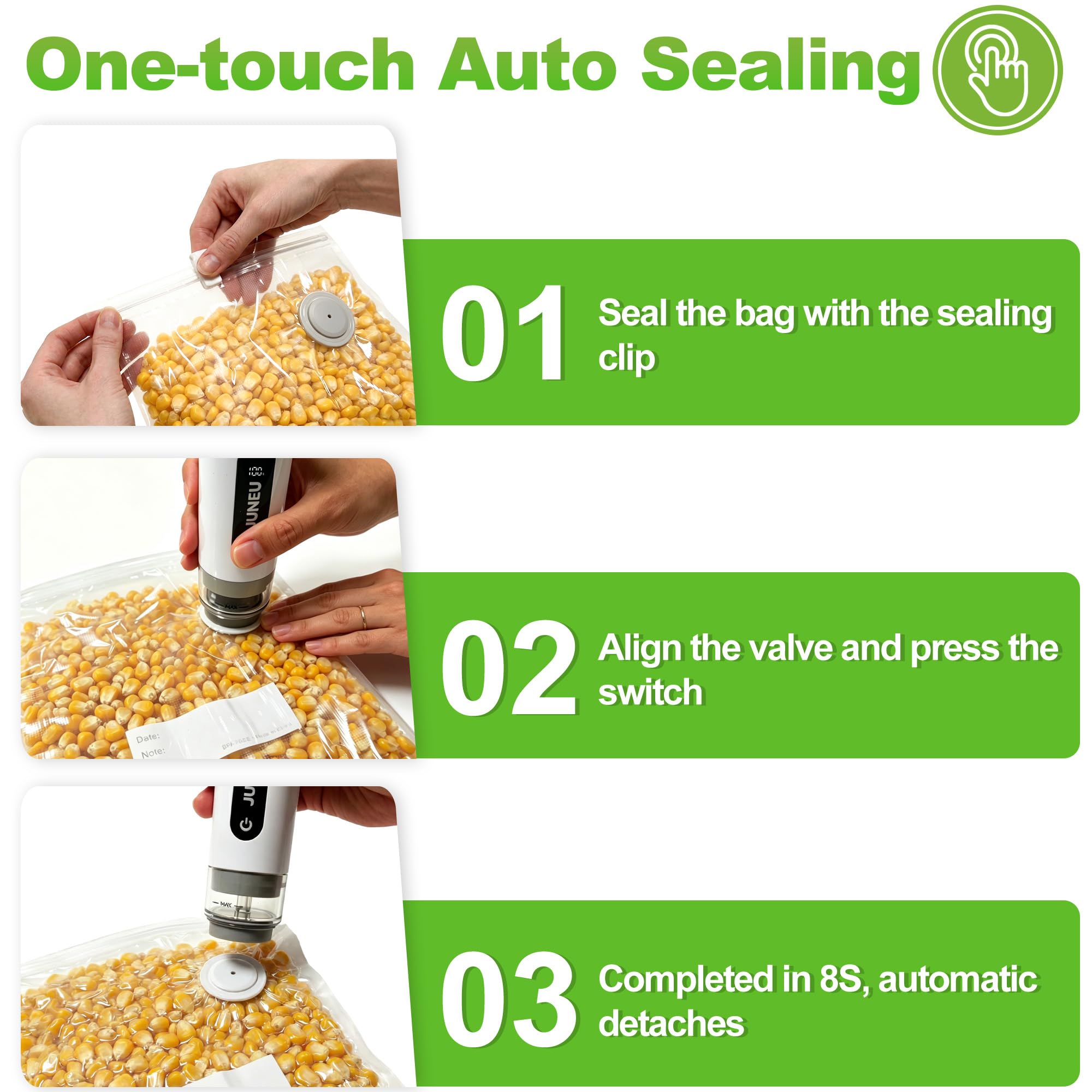 JUNEU Sigillatrice sottovuoto compatta per alimenti + 30 sacchetti sottovuoto riutilizzabili, macchina per sottovuoto portatile, doppia compatibilità, display LED, rilevamento ingresso liquidi
