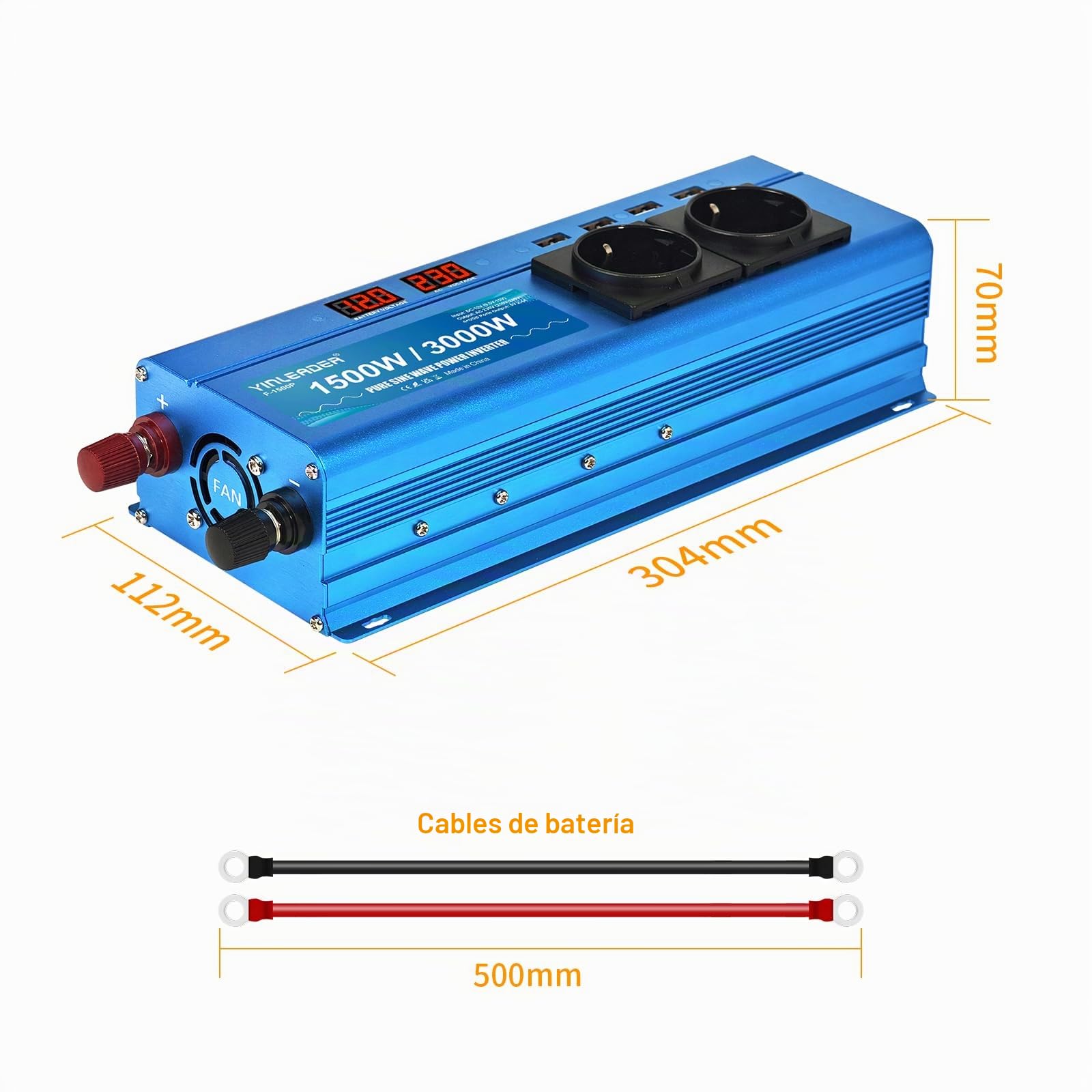 Yinleader Inversor de Corriente 12V 230V 1500W / 3000W 2 LED | 2 enchufes 4 USB