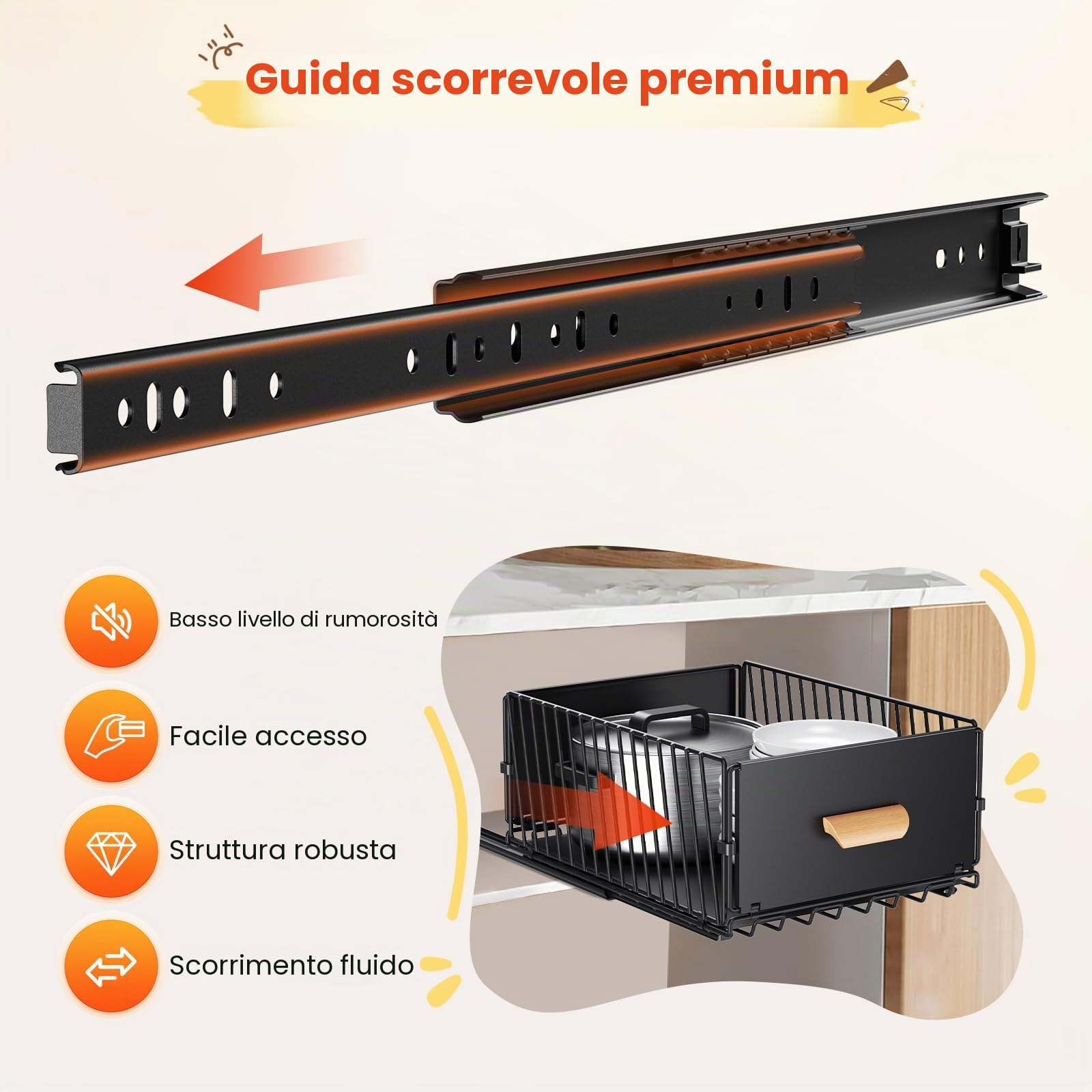 Telescopic Drawer, Extendable Drawer for Kitchen Cabinets, Slide Out Cabinet Organiser with Handle & Adhesive for Kitchen Pantry, No Drilling 23.5 x 39.5 x 19.5 cm, 2 Packs