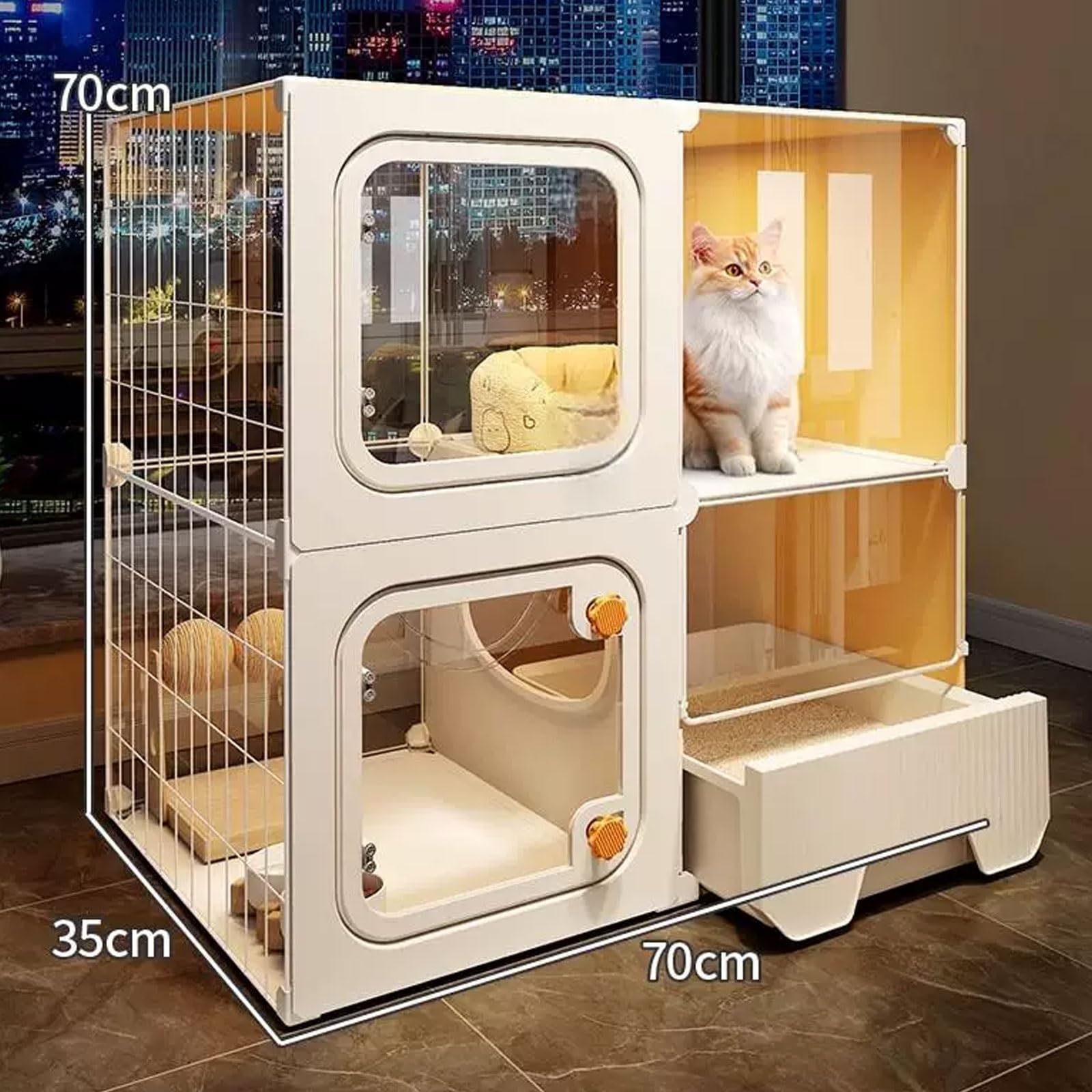 Gabbia per gatti da interno con lettiera, area intrattenimento multizona, ventilazione su entrambi i lati, adatta per 1-2 gatti