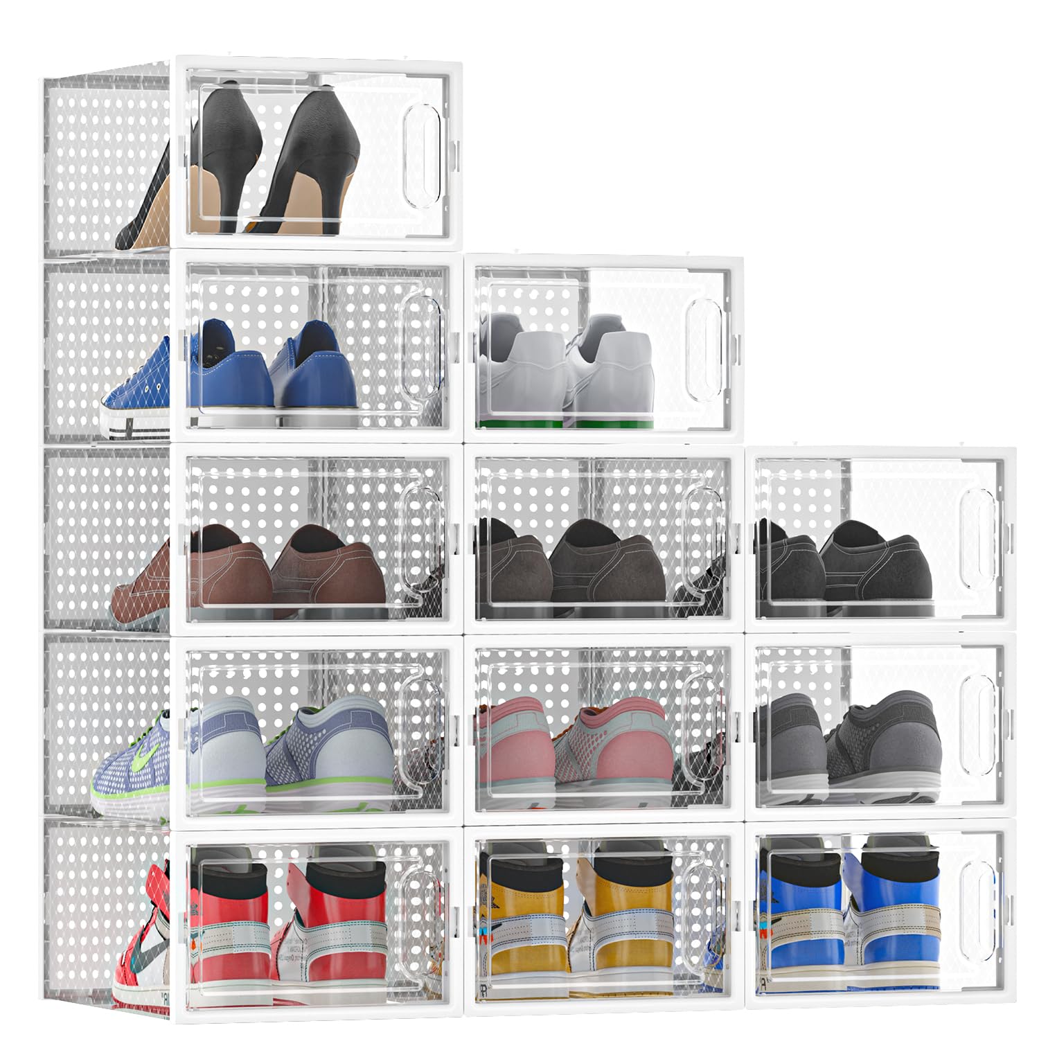 Cajas de Zapatos, Juego de 12 organizadores de almacenamiento, Contenedores Organizadores de Zapatos con tapas para Mujeres/Hombres, Caja Zapatero Plástico Plegable y Apilable