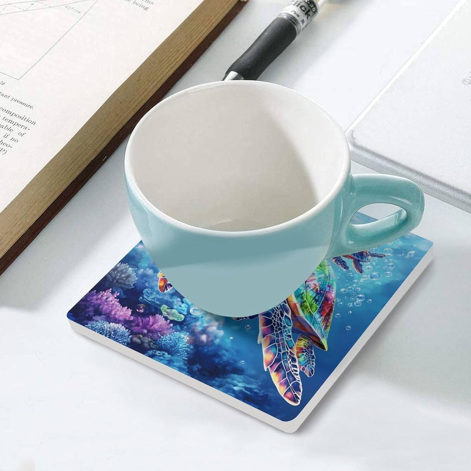 Sea Turtle Family Funny Ceramic Coasters for Drink Absorbent Cup Holders Tabletop Protection