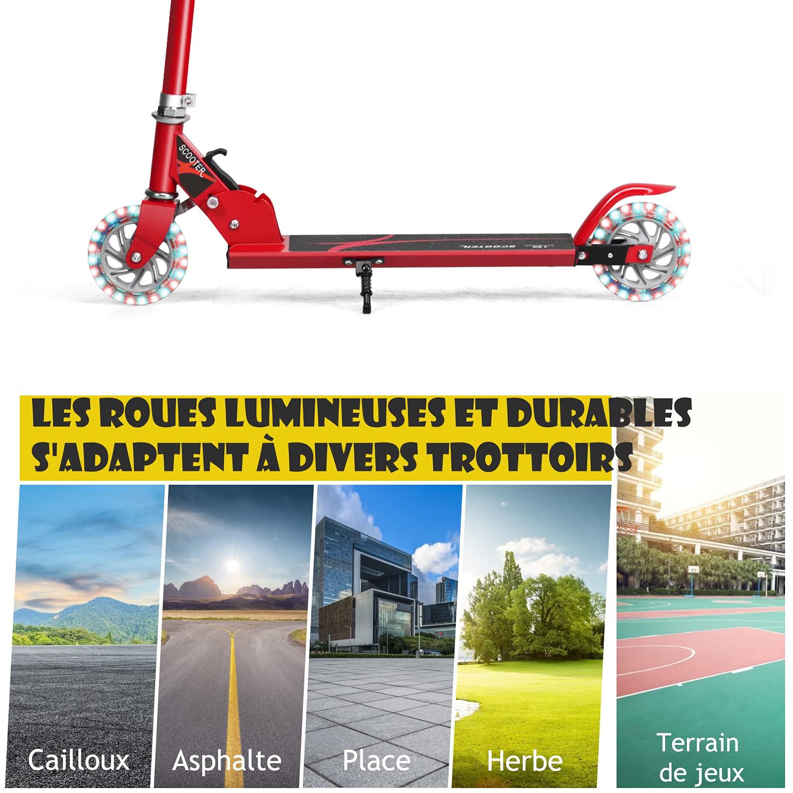 GOPLUS Trottinette Enfant de 3 à 7 Ans, Trottinette Pliable avec 2 Roues Lumineux, Poignée Hauteur Réglable, Frein sur Roue Arrière, Charge Max 70KG, 70x10x63/73/86CM, Cadeau pour Garçon/Fille