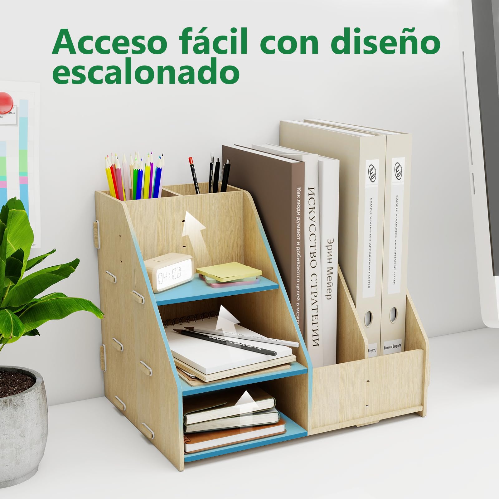 PUNCIA Organizador Escritorio Sobremesa de Madera con Revistero 3 Bandeja Escritorio con Portalápices Estante de Almacenaje Multifuncional para Material Documentos Oficina Escuela
