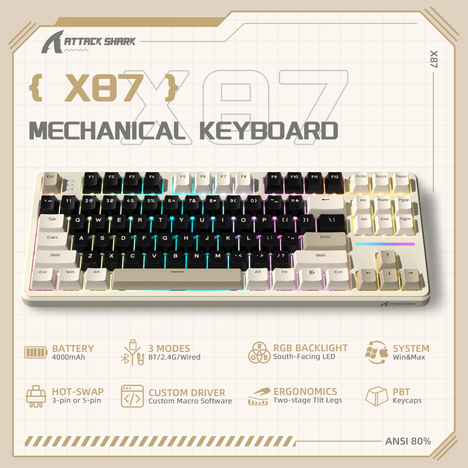 Amazon.com: ATTACK SHARK X87 Wireless Mechanical Keyboard,87 Keys