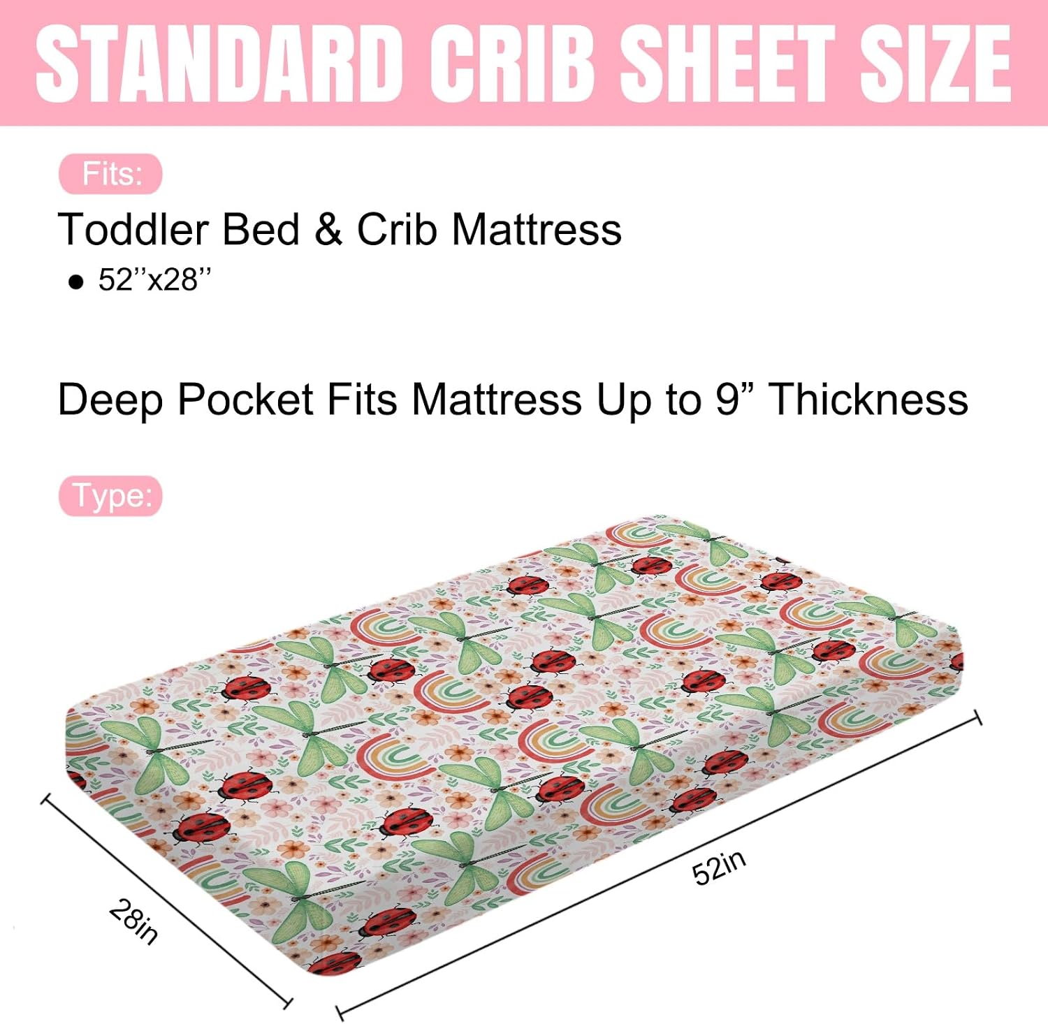 Spring Garden Dragonfly Baby Crib Sheets 52''x28'' Boho Retro Flowers Leaves Rainbow Stretchy Fitted Crib Mattress Sheet for Boy Girl Soft Nursery Bed Sheets for Standard Crib Toddler Mattress