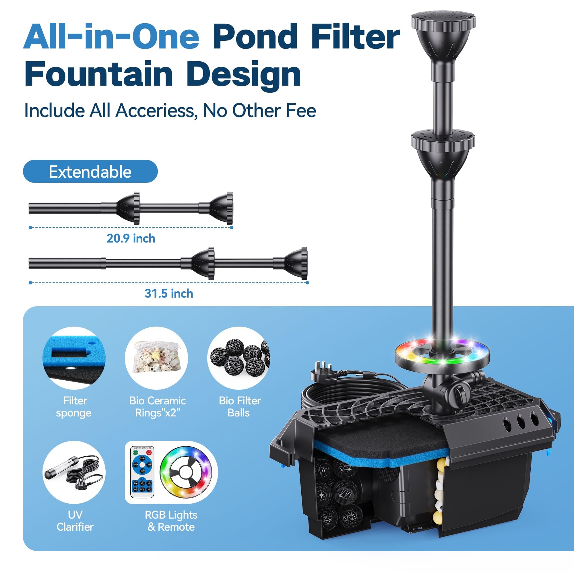 Biling Pond Filter with UV Clarifier and LED Lights, 2500 L/H Fountain Pump, RGB Remote Control Lights, 3 Nozzles, Black, Electric, for 4000L Garden Pond Care Water Features Stream Waterfall Treatment — view 6