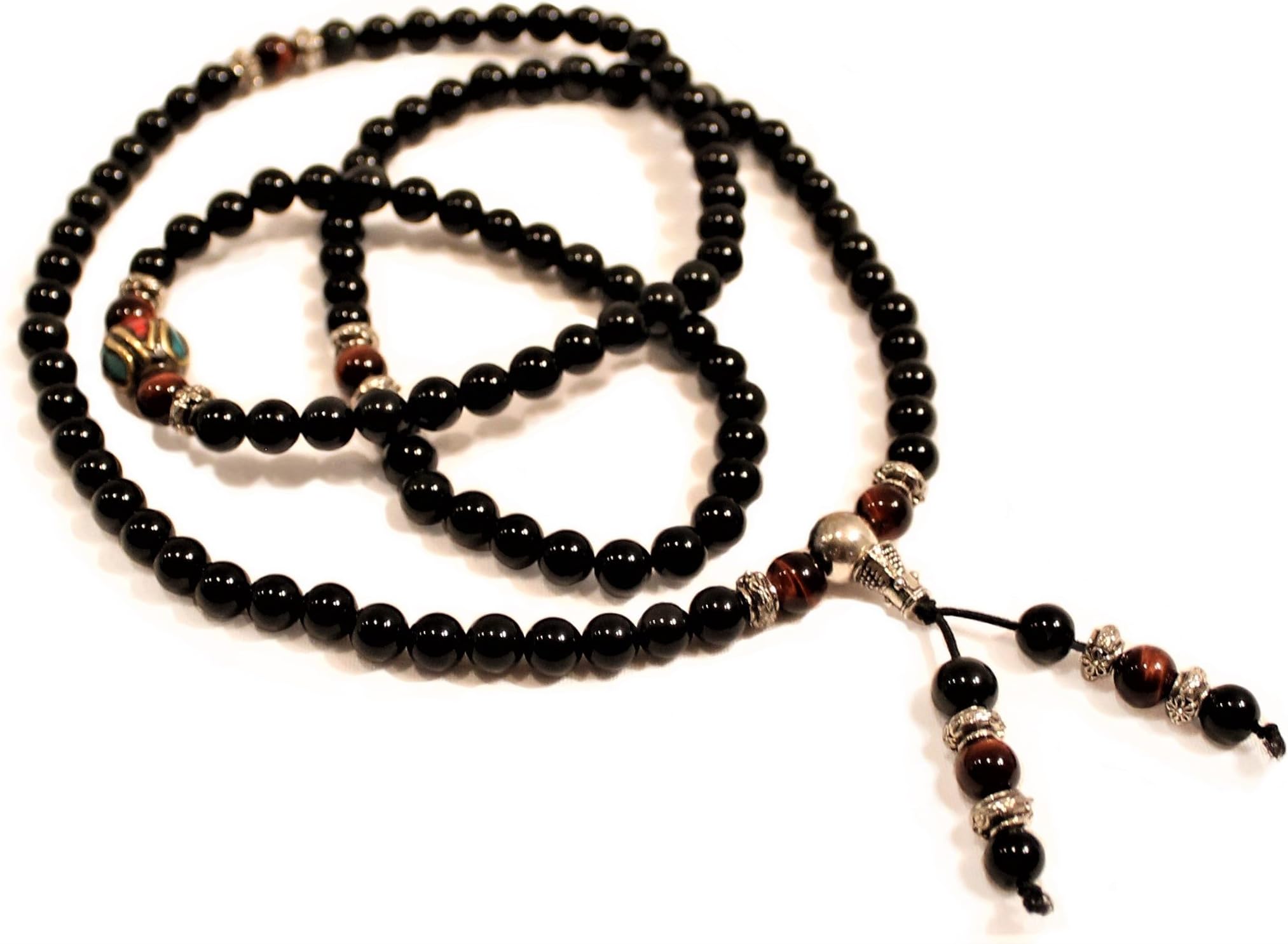 Obsidian and Tiger Eye Mala Bead Meditation | Prayer | Yoga - 108 Bead Stretch Bracelet/Necklace (Redwood)