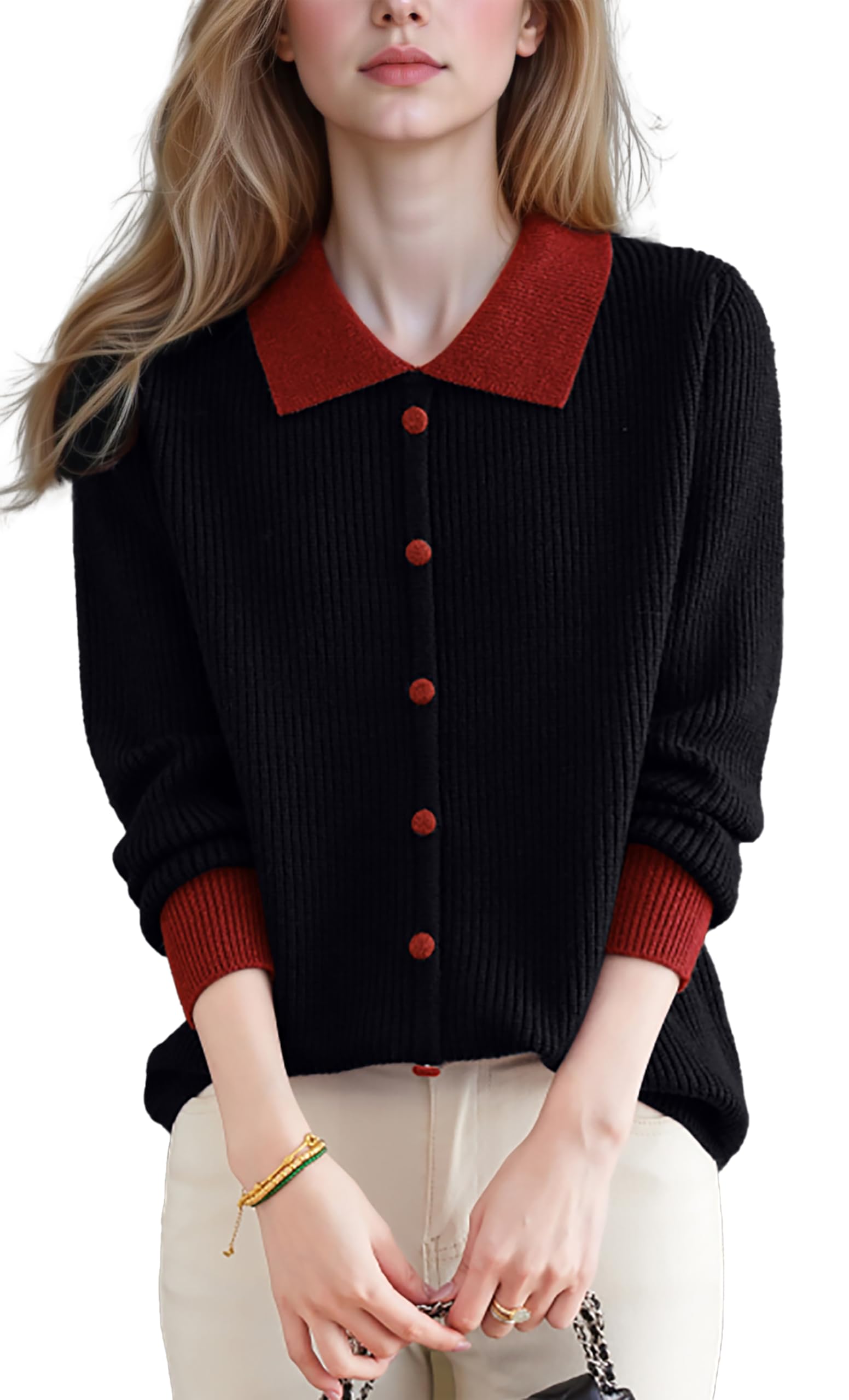 LAI MENG FIVE CATS Womens Knit Button Patchwork Sweater Casual Cable Knit Long Sleeve Fall Winter Outfits