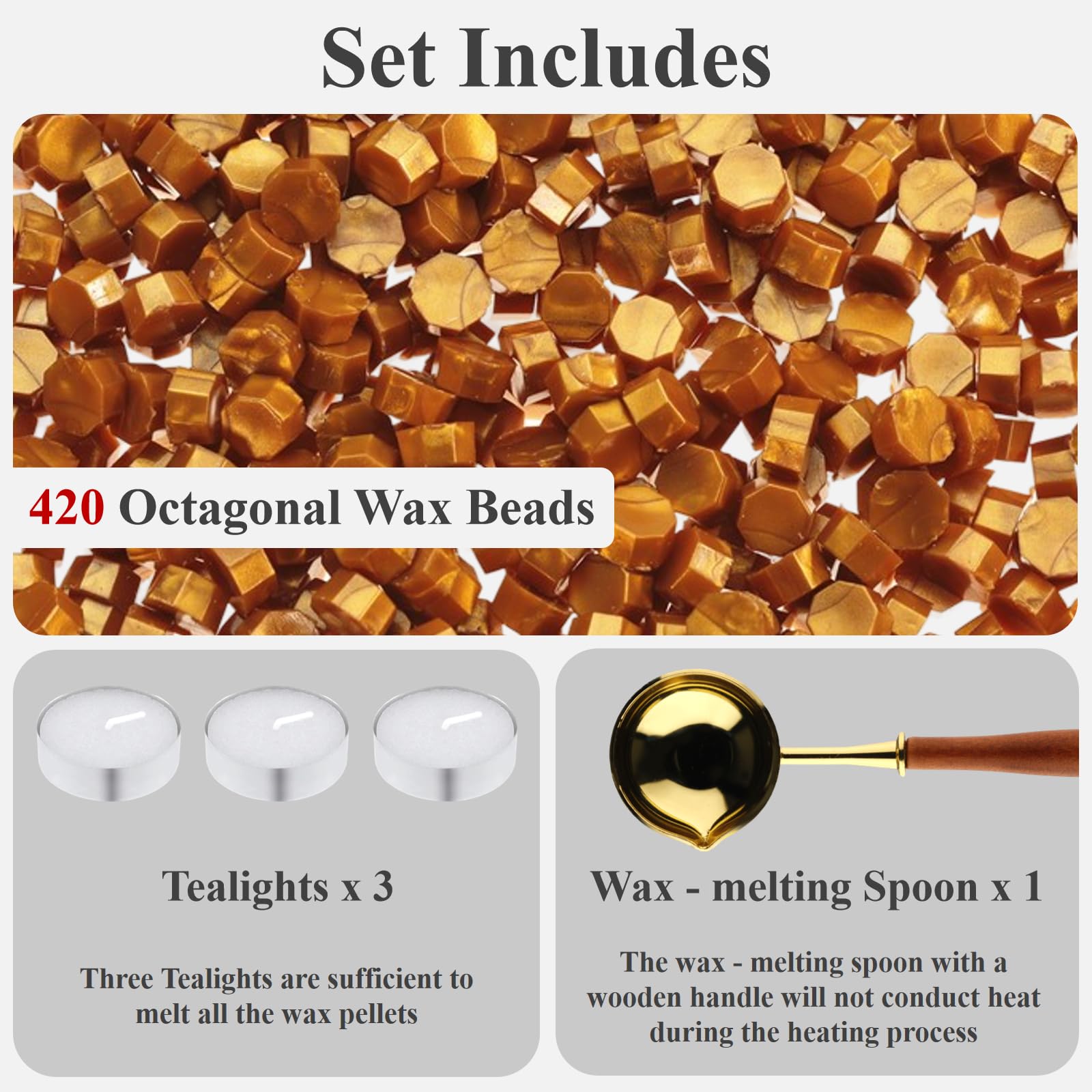420 Pcs Vintage Wax Seal Beads for Stamp, Wax Seal Kit with 3 Tea Candles and 1 Melting Spoon, Antique Decor for Wedding Invitations, Envelope, Scrapbook, Gift Wrap (Golden A)