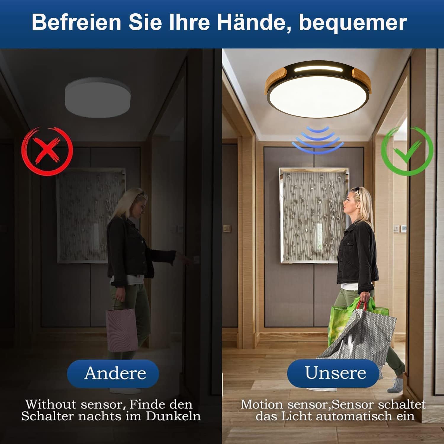 Plafonnier LED en Bois Intérieur avec Détecteur de Mouvement Lampes de Plafond couloir en Moderne Lumière de Plafond Rond pour Hall Allée Garage balcon Escaliers Véranda Eclairage (Schwarz,30cm)