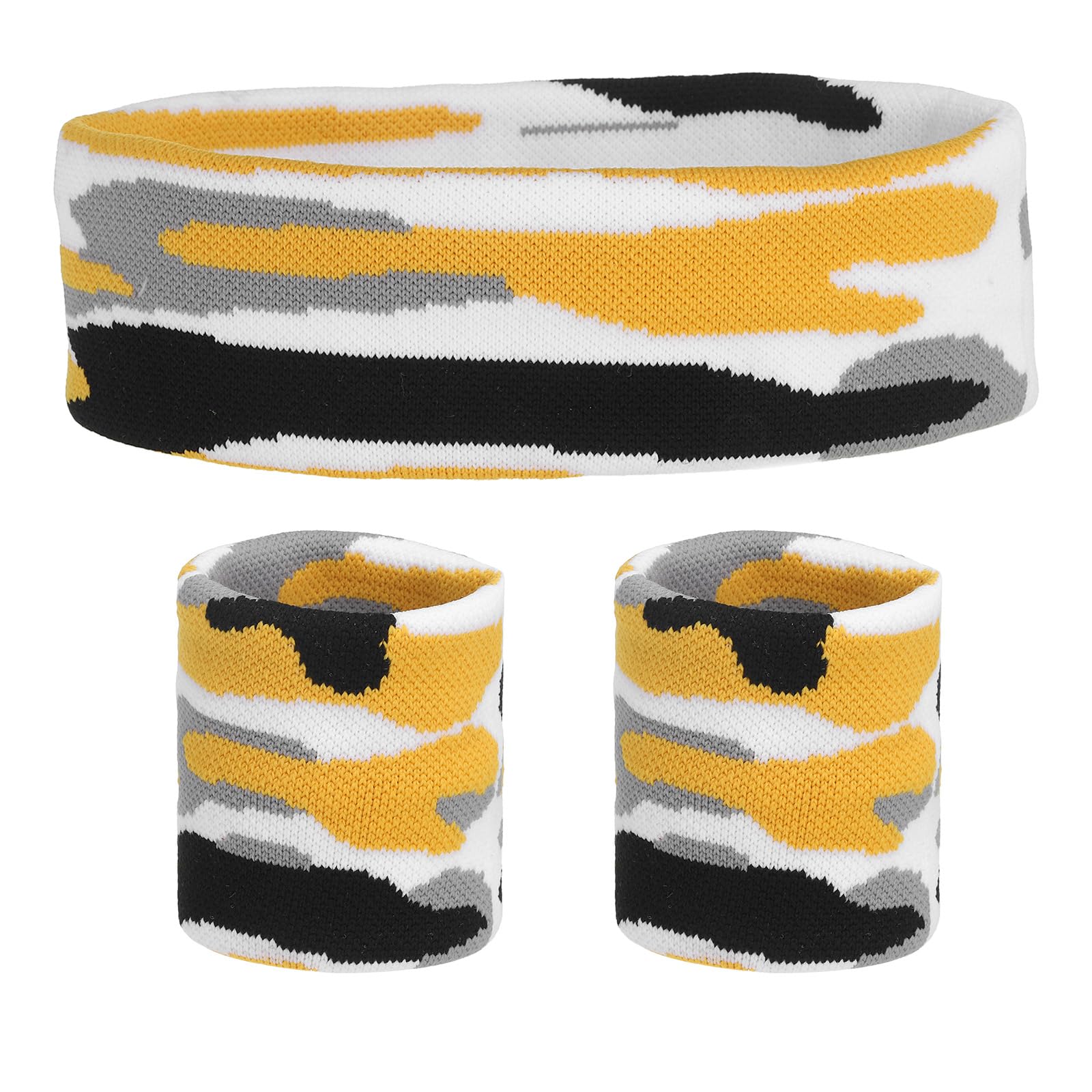 sourcing map Sweat Band Set Sports Terry Cloth Headband Wristband Set 8"x2" Moisture Wicking Sweat Absorbing Head Band for Women Men Workout Exercise (Striped Camouflage Yellow)