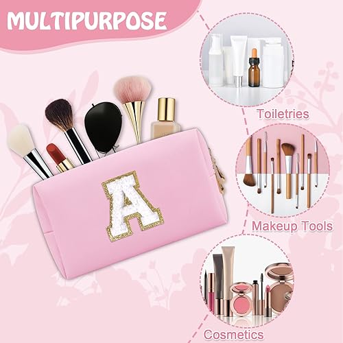 Miniatura 4 de Bolsa de maquillaje preppy inicial personalizada Pequeña bolsa de carta de chenilla de viaje linda, Rosado