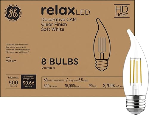 Miniatura 1 de GE Relax - Bombillas LED acabado transparente decorativo repuesto de 60 W blanco suave base media regulable paquete de 8