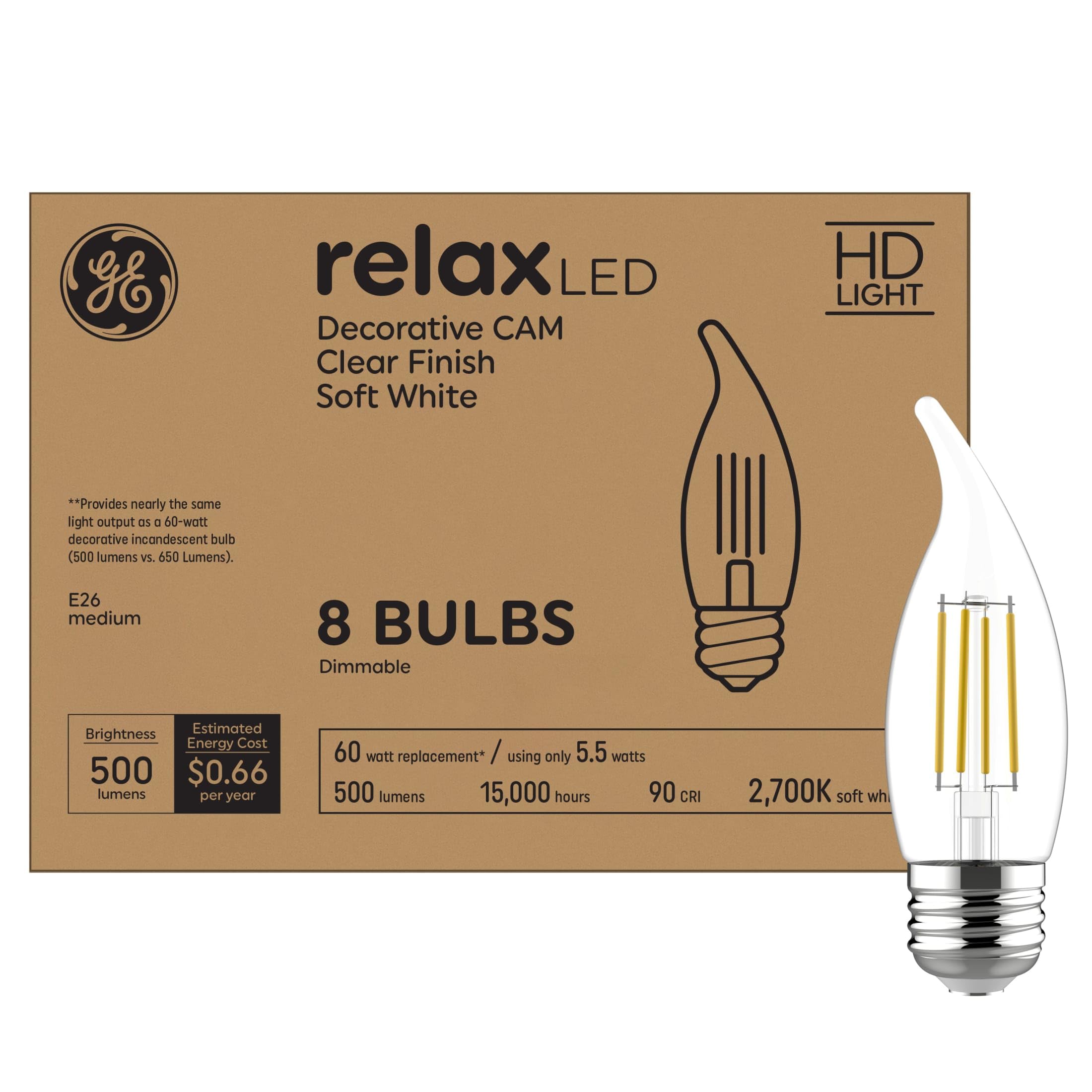 Relax LED Light Bulbs, 60W, Soft White Candle Lights, Decorative Bulbs, Medium Base (8 Pack)