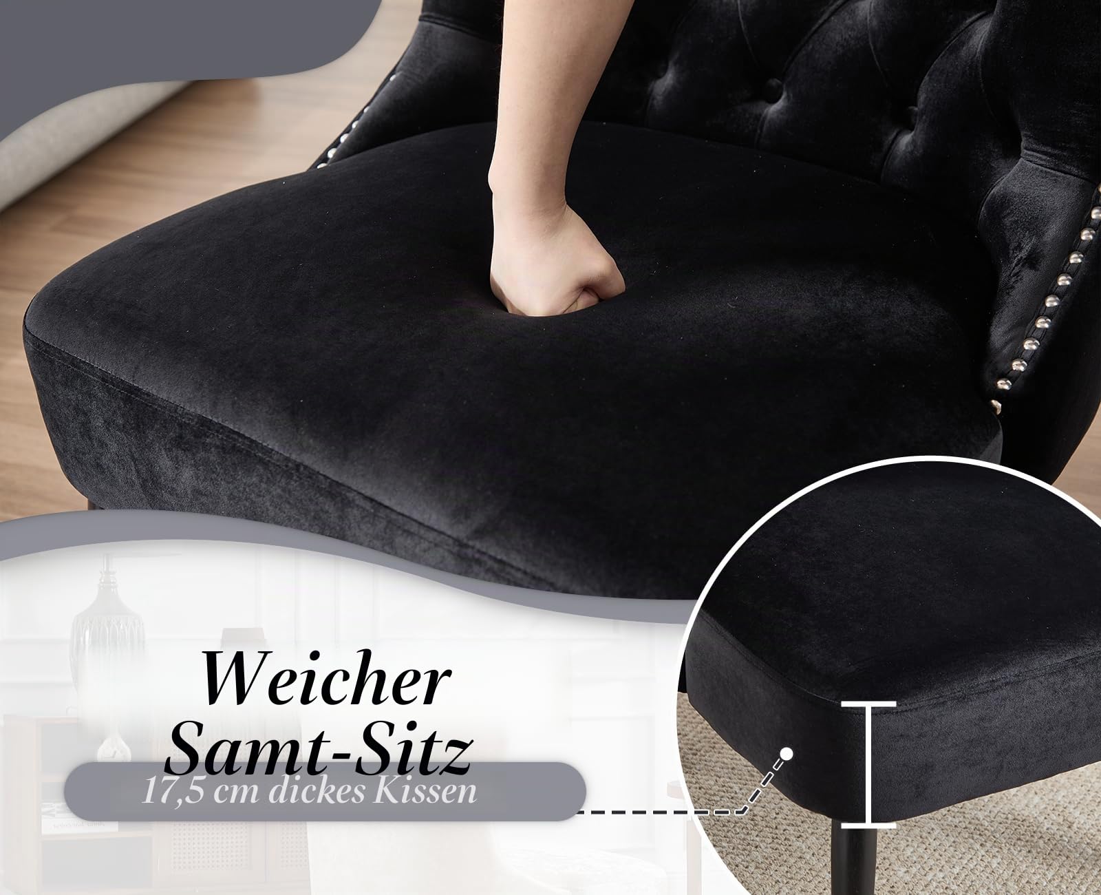 chairus Ohrensessel Samt Sessel Wohnzimmer Relaxsessel mit Holzbeinen Loungesessel Schlafzimmer Arbeitszimmer, Schwarz
