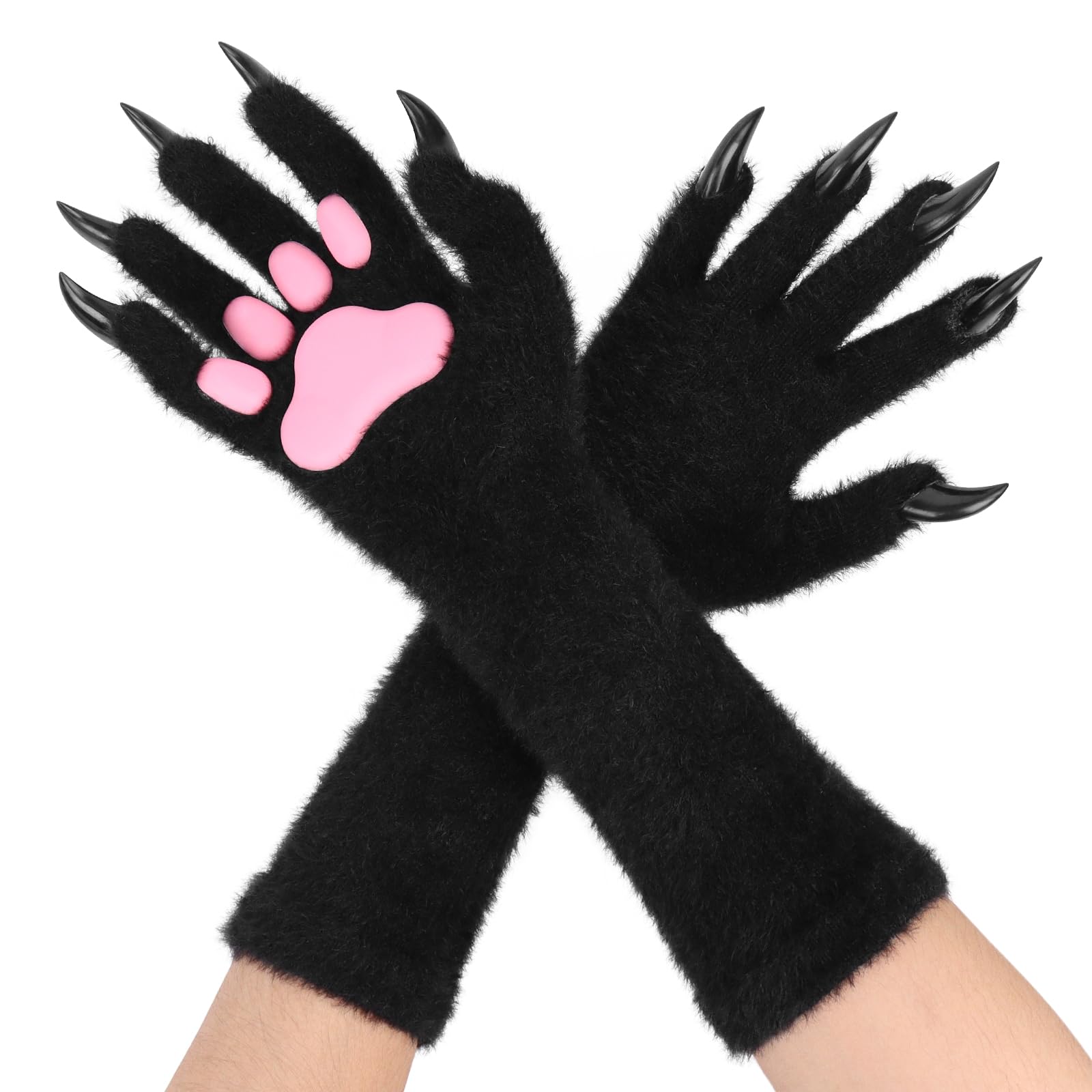COSYEARS Animal Paw Gloves with Cat Bear Fox Wolf Dog Claws Pads for Halloween Party Cosplay: Black