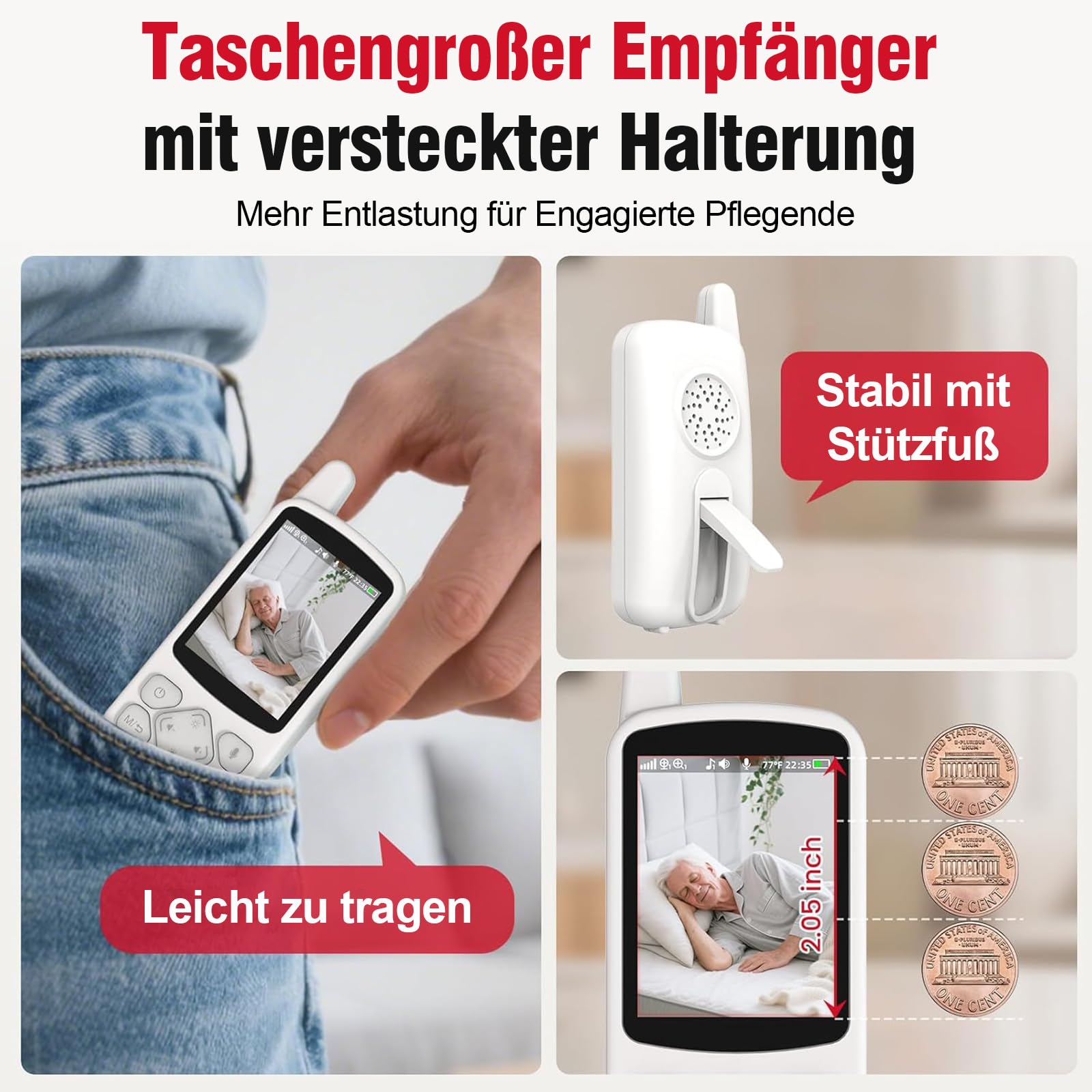 CallToU Schwenkbare Babyphone für Senioren mit Zwei-Wege-Audio | Ohne WLAN; Temperaturüberwachung; Medikamentenerinnerung; 720p, Infrarot Nachtsicht, SOS Notrufknopf
