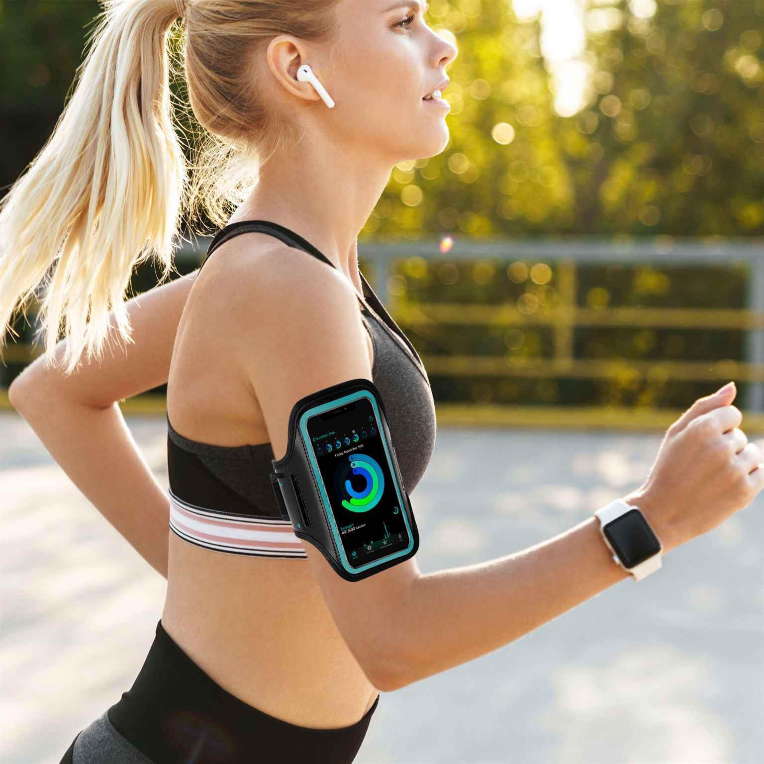 ONEFLOW Workout Case für iPhone 17 Pro Sportarmband zum Joggen mit Touch Fenster, Handy Armband für Sport und Outdoor, Handyhalterung für den Arm, Lauftasche Jogging, Blau