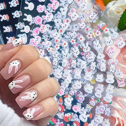 30Sheets Glitter Easter Nail Art Stickers Set 3D Self-Adhesive Nail Decals Cute Bunny Sticker for Nails Art Supplies Cartoon Easter Rabbit Design Manicure Tips Charms for Kids DIY Nail Art Decoration