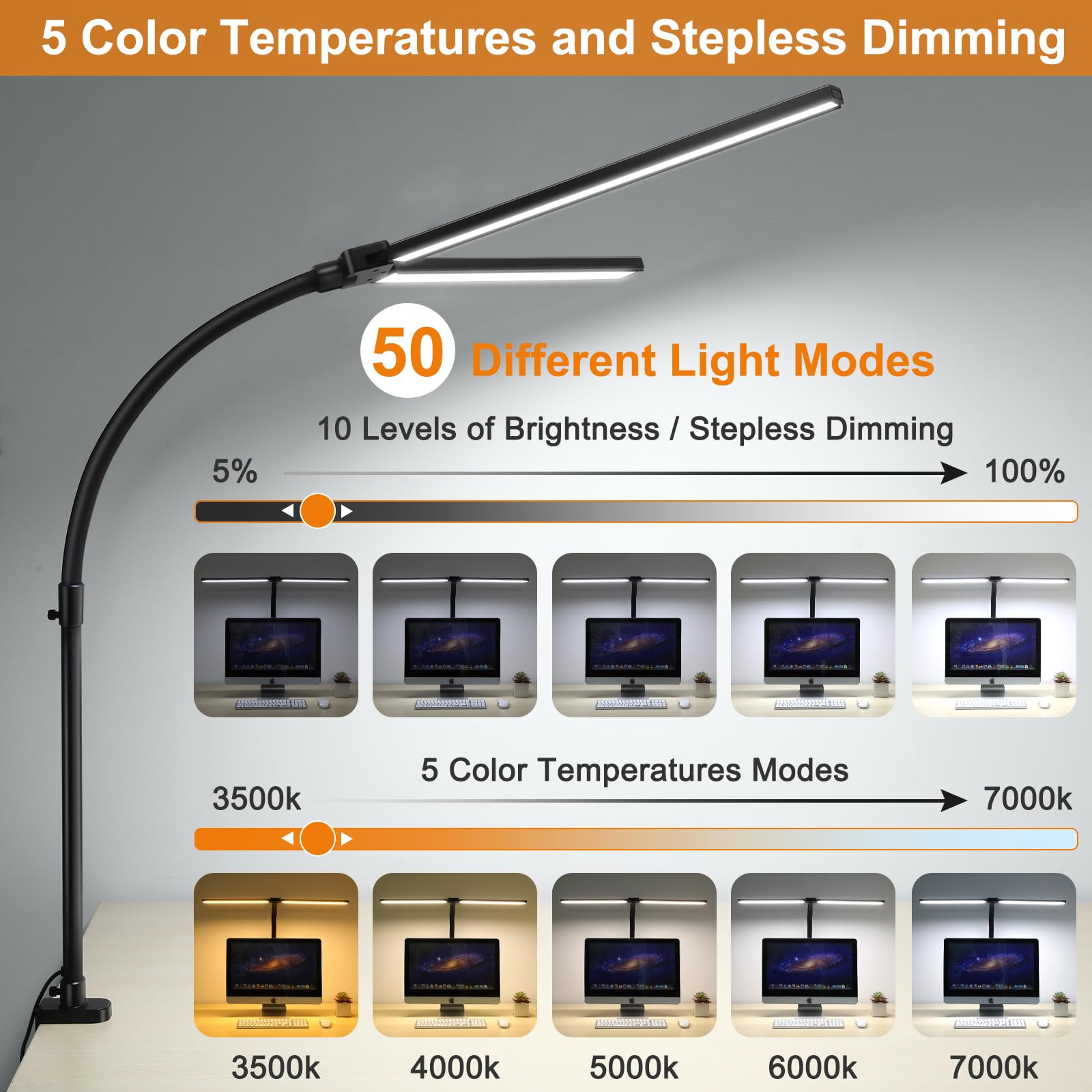 31.5" LED Desk Lamp for Home Office, 24W Ultra Bright Double Head Architect Lamp with Clamp, 5 Colors Stepless Dimming Flexible Gooseneck, Eye Caring Computer Desk Light for Monitor Work Study Reading