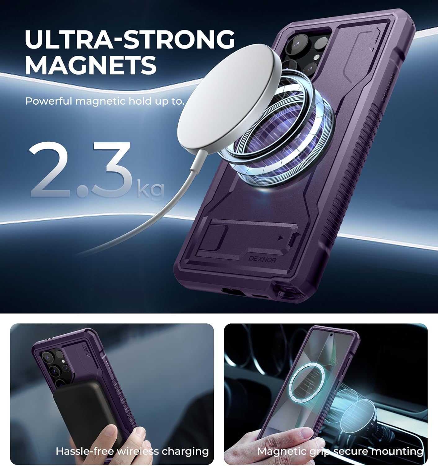 Dexnor Magnetic Case for Samsung Galaxy S24 Ultra Case, Compatible with Magsafe, 2 Front Frames & Built-in Screen Protector, Bumper Rugged Shockproof Full-Body Protective Cover with Kickstand,Purple