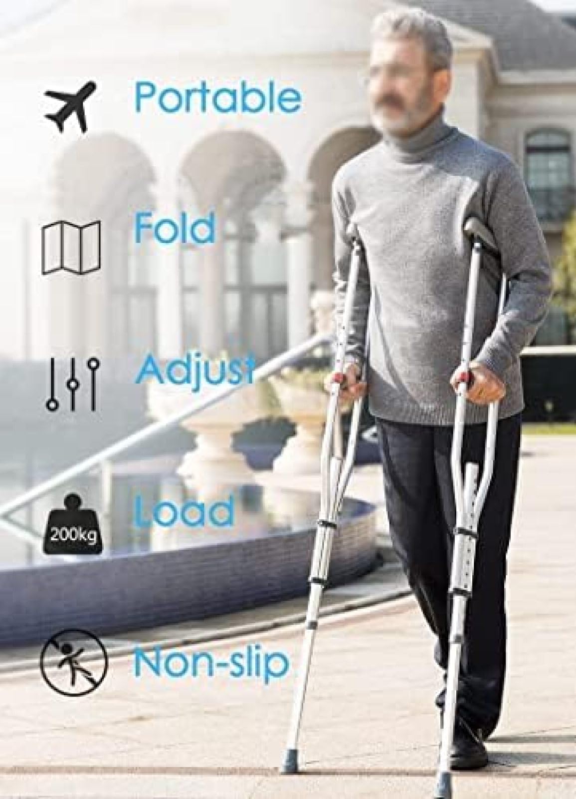 Stampelle pieghevoli sotto le ascelle con assorbimento degli urti, altezza regolabile a pulsante in alluminio stampelle da passeggio per adulti e giovani, capacità 134,6-195,6 cm, capacità 440 libbre