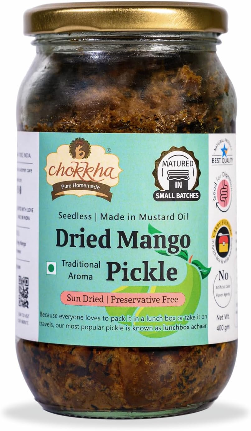 Chokkha Traditional Homemade Dried Mango Pickle (Aam) | Sukha Aam ka Achar | Authentic Indian Taste | Traditional Family Recipe | No Vinegar, Additives or Preservatives | Sundried and Freshly Grounded Spices | Handcut and Pure Homemade| Very Less Oil | Seedless (No Guthli) | 400 Gm