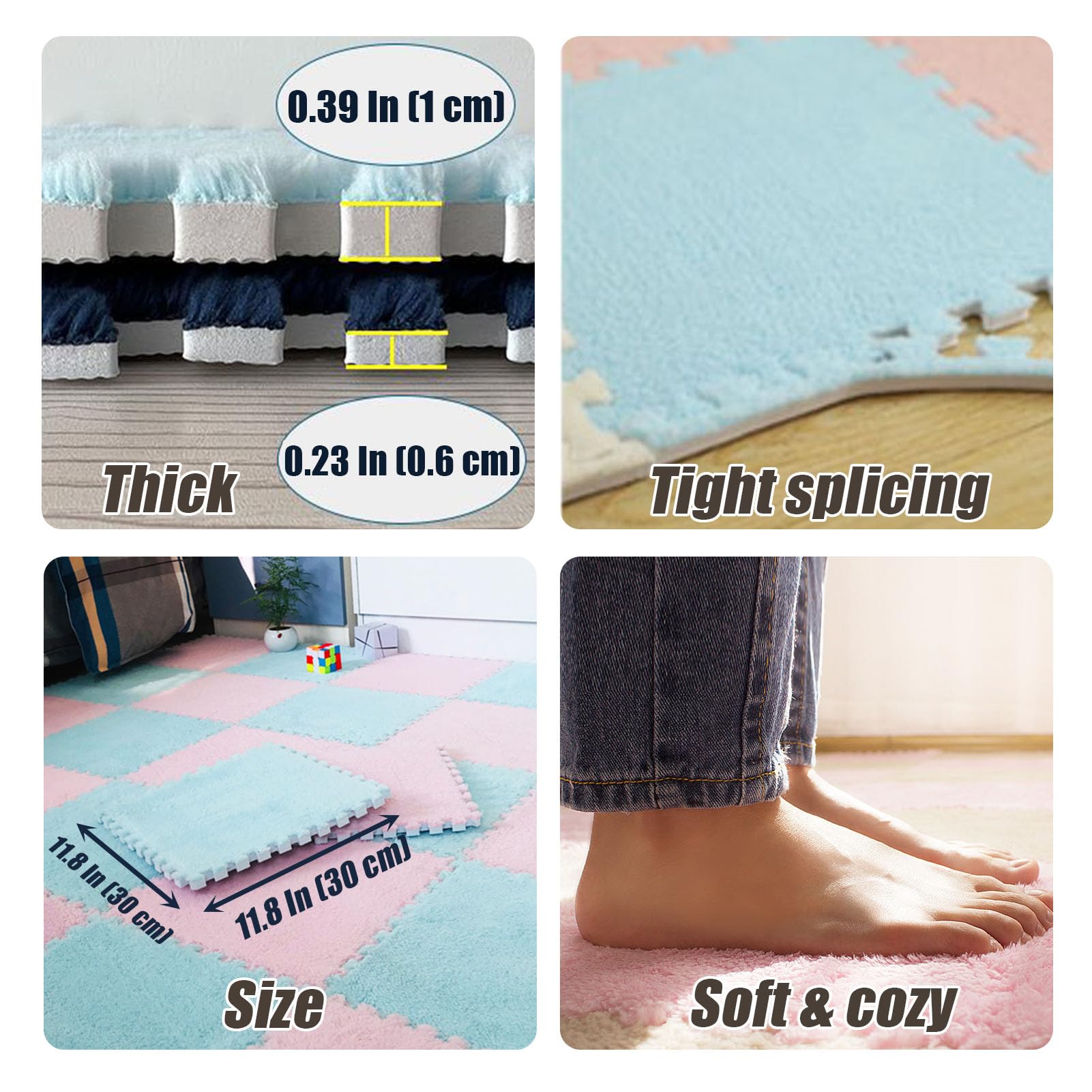 Tapis de sol en mousse souple en peluche, 150 pièces, 144 pieds carrés, tapis de jeu carré, salle de jeux, dalles de moquette emboîtables, chambre à coucher, 12x12 pouces (rose + violet 0,23 pouces)
