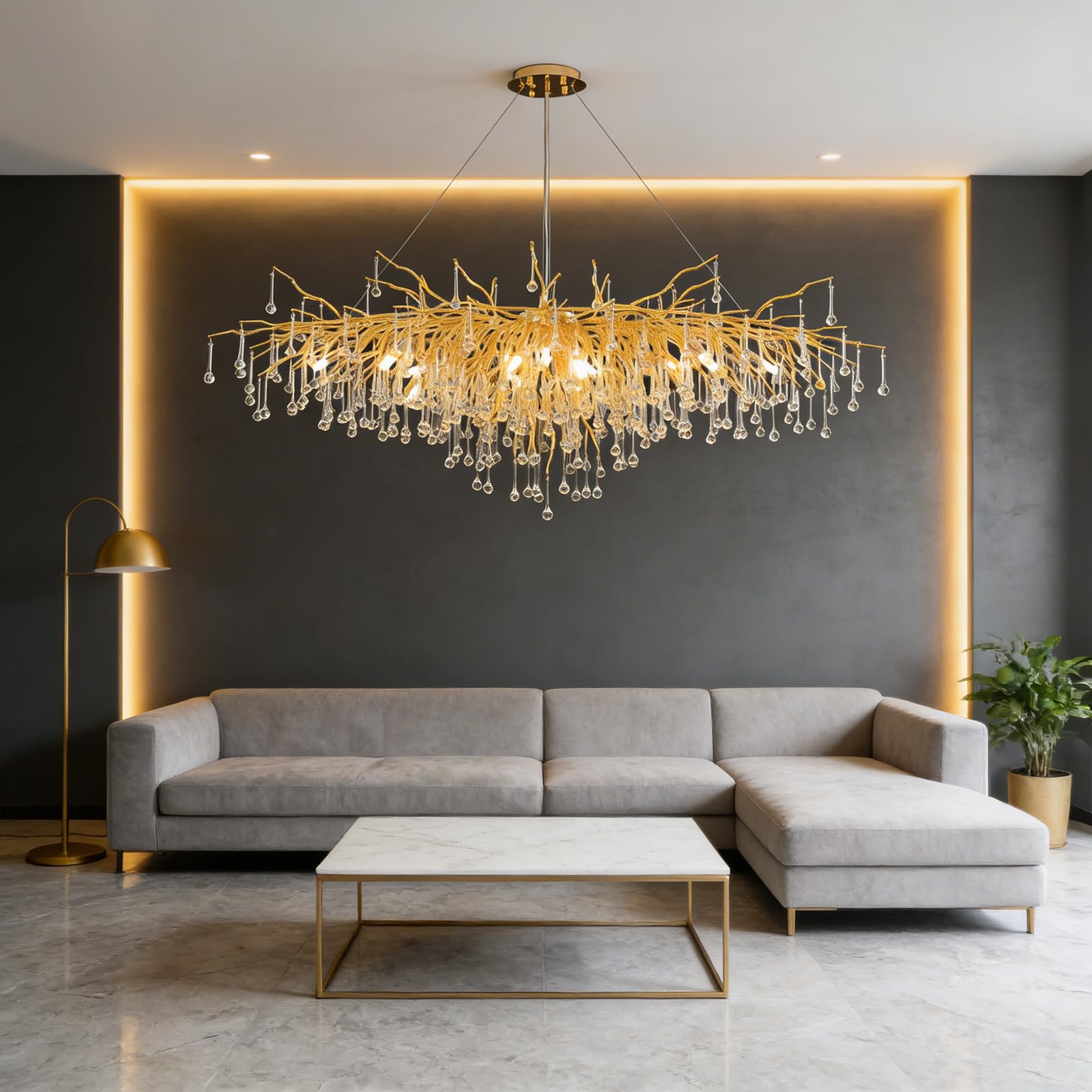 KXEcoLife Modern Luxury Crystal Branch Chandelier – Raindrop Pendant Light Fixture for Dining Room, Living Kitchen Island & Bedroom,Rectangular L120cm