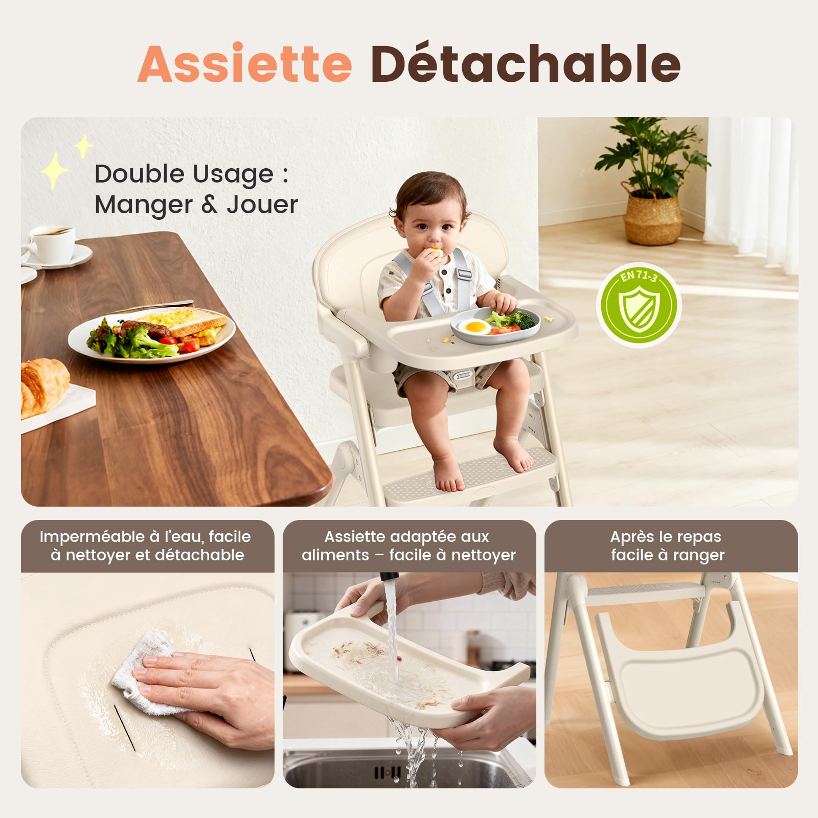 Chaise Haute Bébé Évolutive - de 6 Mois Jusqu'à 90 kg -Chaises Hautes Pliée avec Assise/Repose Pieds Réglables, Amovible Plateau et Coussin/Harnais 5 Points-Conforme à L'ergonomie (Beige)