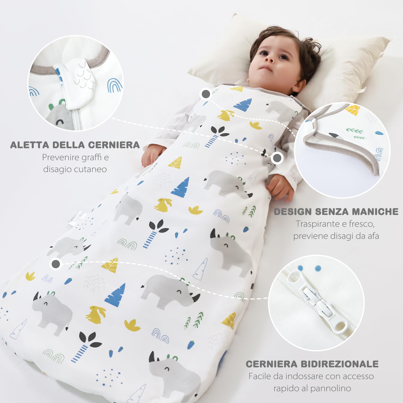 Mosbears Sacco nanna invernale per bambini, 2,5 Tog, 100% cotone, diverse dimensioni dalla nascita fino a 24 mesi, adatto per tutto l'anno(Rinoceronte,XL(18 a 24 mesi))