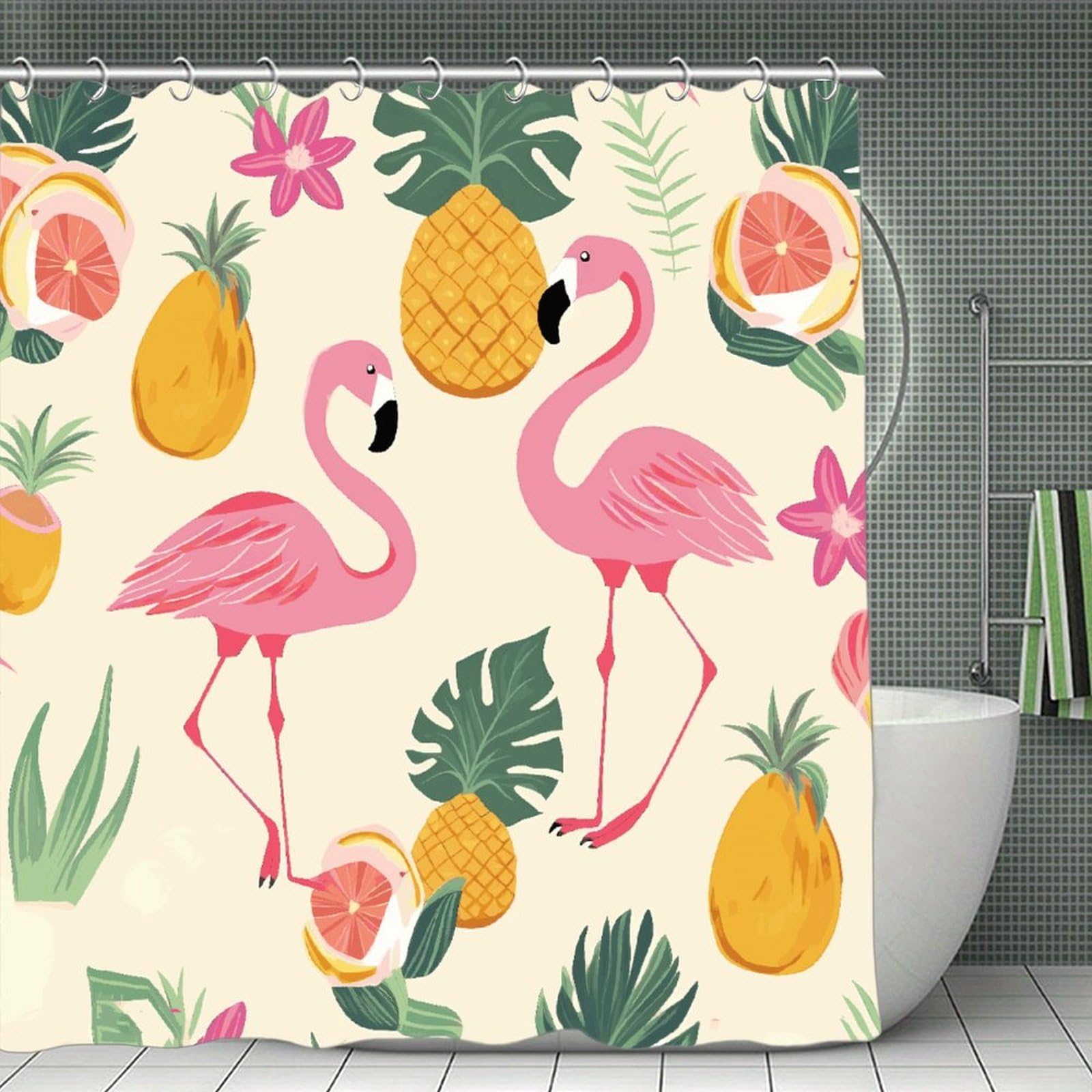 JTREHY Flamingos and Pineapples Shower Curtain Waterproof Bathroom Shower Curtain Machine Washable Bath Curtains Polyester Cloth Bath Curtains for Bathroom Showers 70.8×70.8Inch