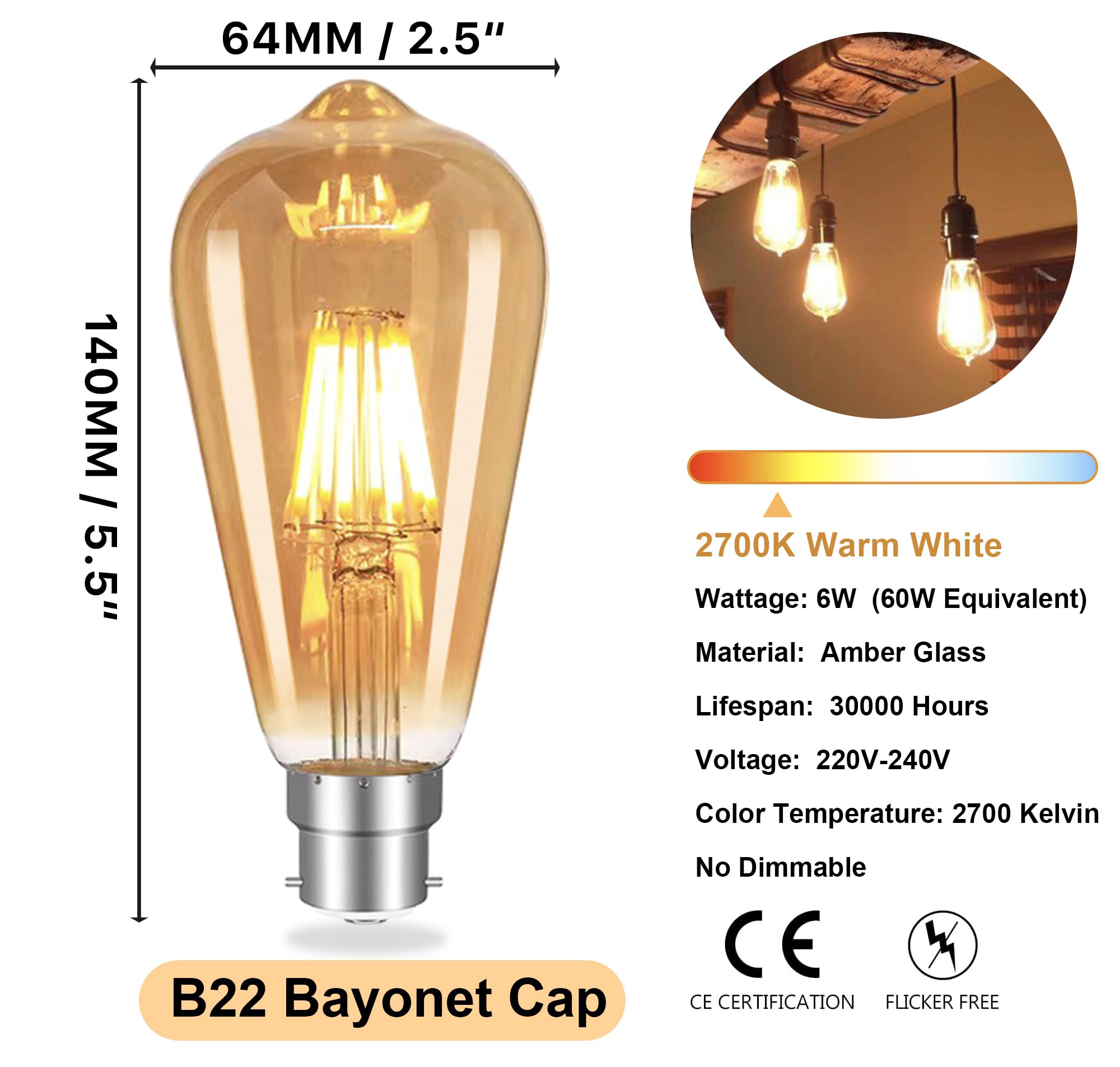 YOUDIAN Vintage Bayonet Light Bulb 6W,60 Watt Equivalent,B22 ST64 2700K Warm White Bulb - Image 4