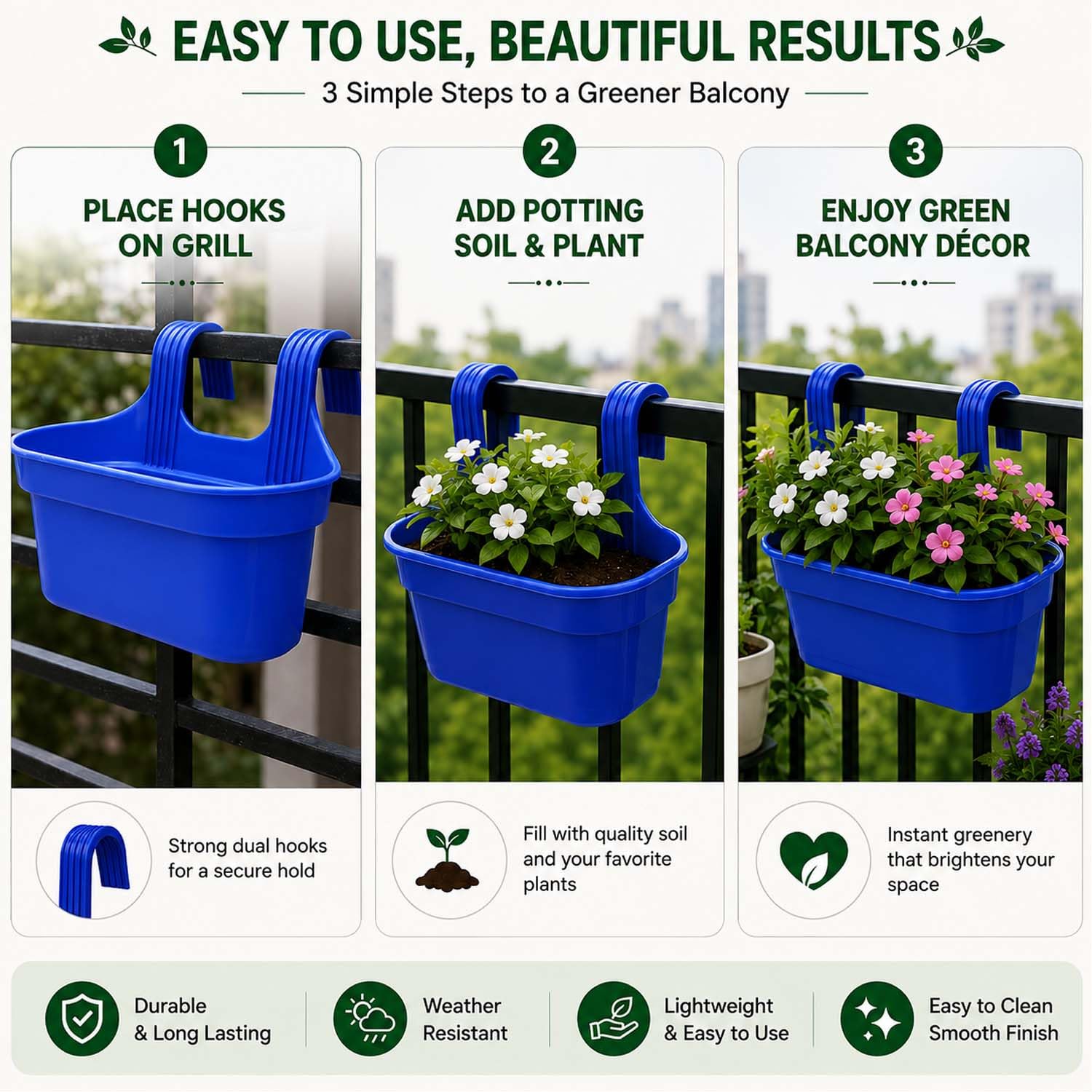 Go Hooked Railing Planters - 3 Hanging Flower Pots -6 Go Hooked Railing Planters - 3 Hanging Flower Pots -6