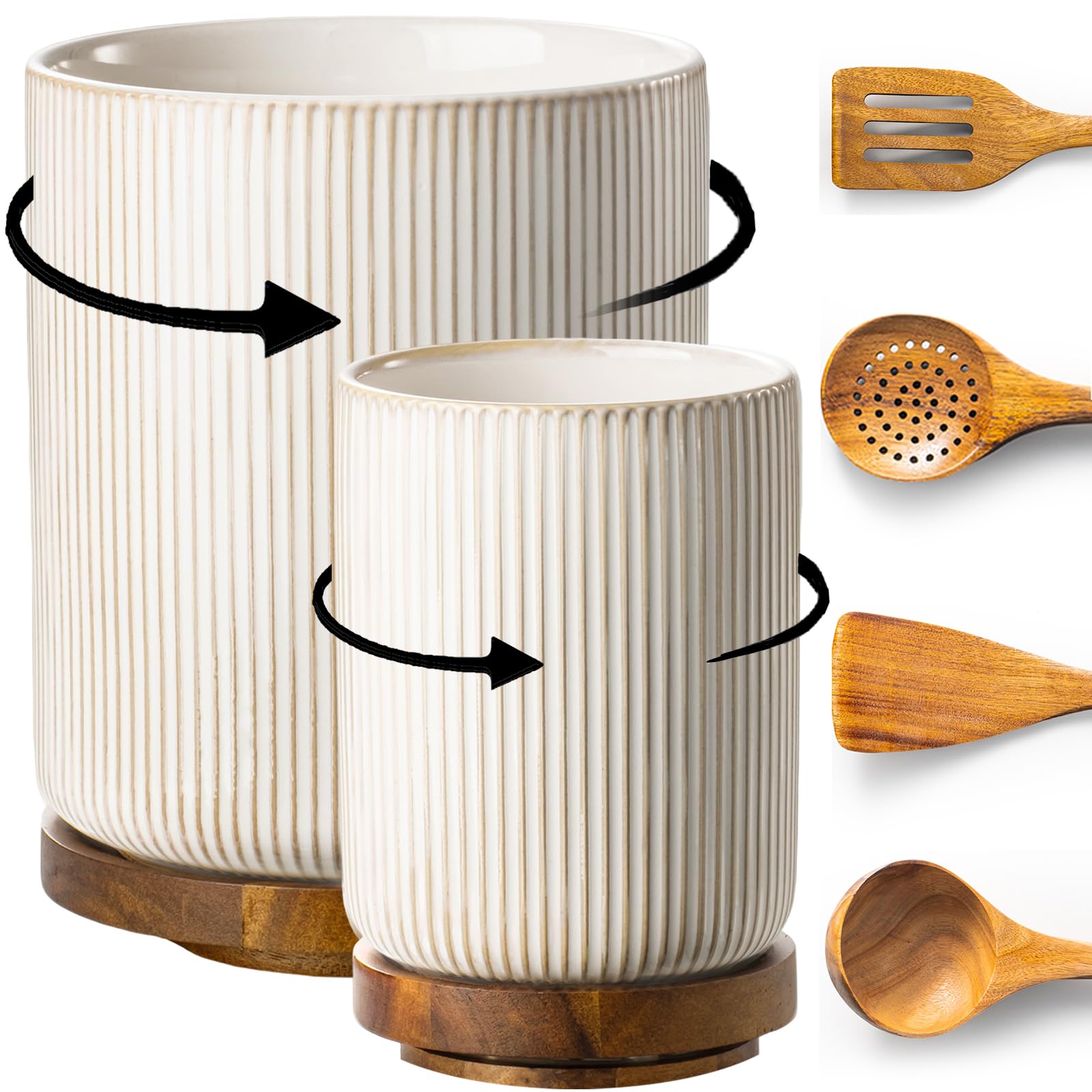 getstar Large Rotating Utensil Holder for Kitchen Counter,7.9"+6" Ceramic Utensils Crocks Set for Countertop Large &amp; Small Utensil Organizer for Spatula Farmhouse Kitchen Decor