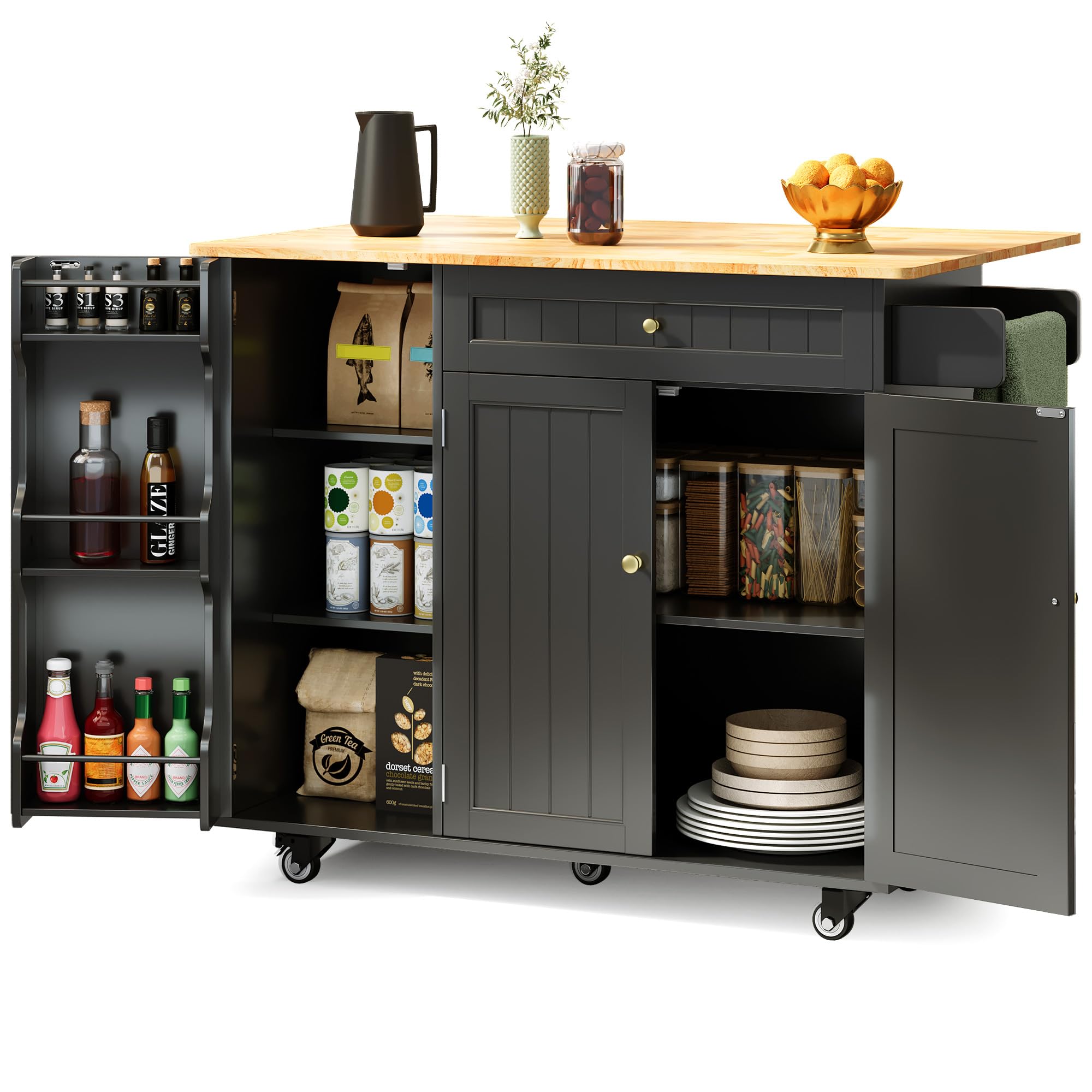 Xbro Kücheninsel mit Arbeitsplatte, Küchenwagen auf 5 Rädern mit Ablage und 1 Schublade, für Küche und Esszimmer, 130 × 75 × 88 cm, Schwarz