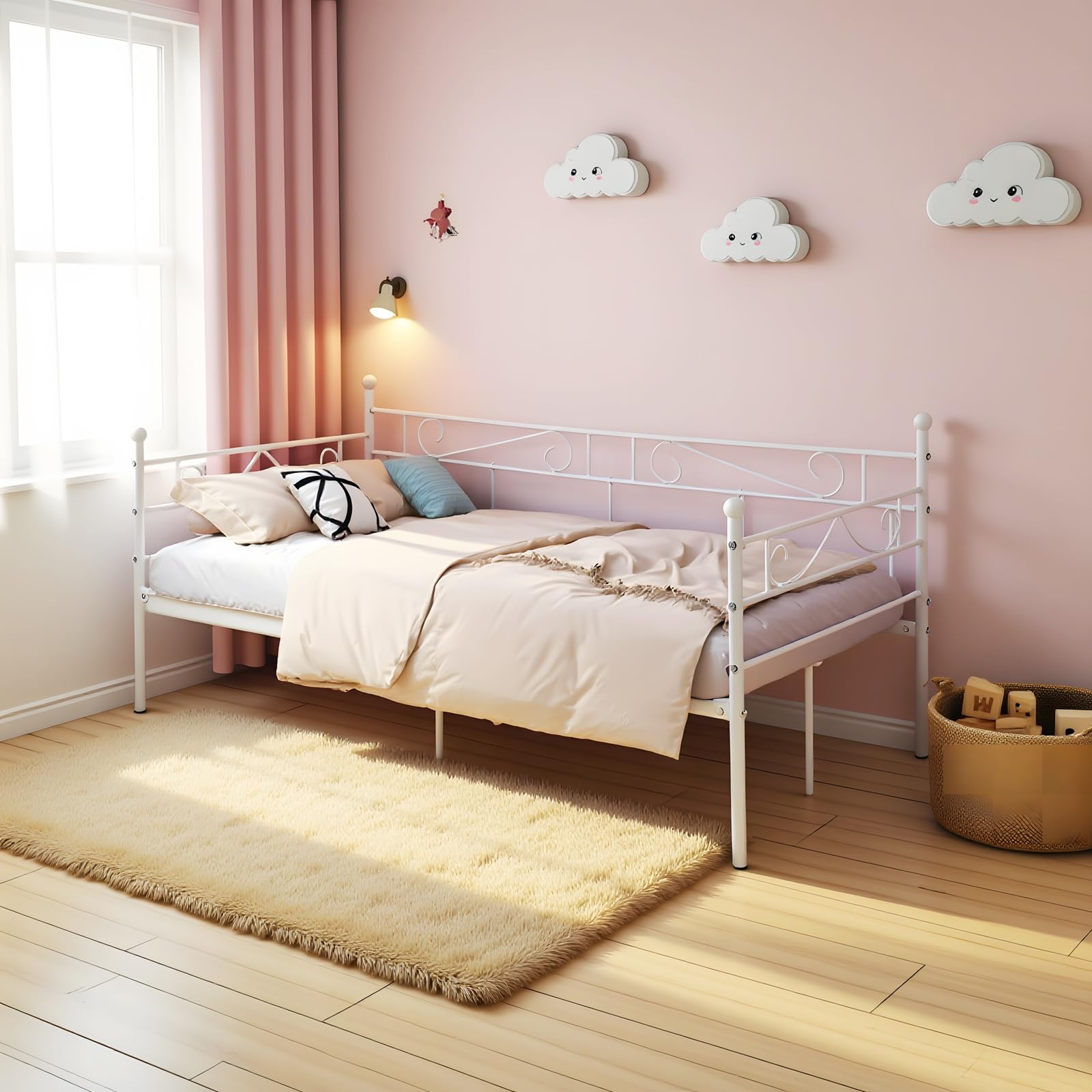 Divano Letto Singolo in Metallo Struttura Letti e Basi in Ferro Battuto per Adulti 90x190cm Bianco